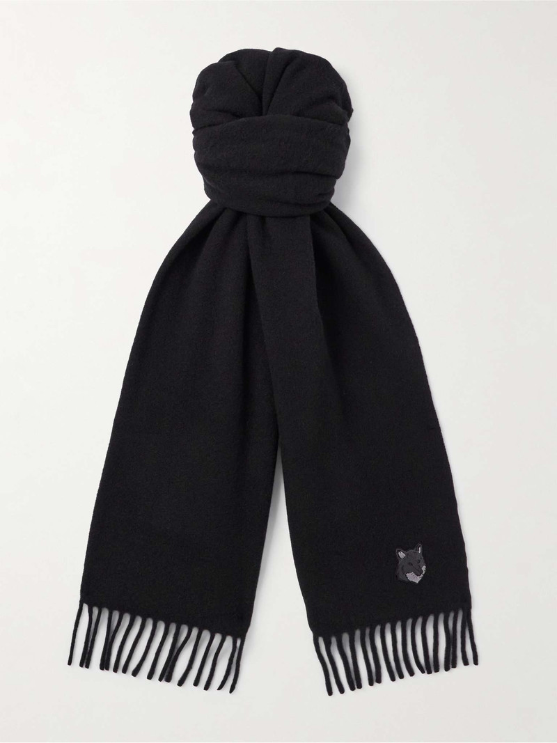 Logo-Embroidered Fringed Wool Scarf - 1