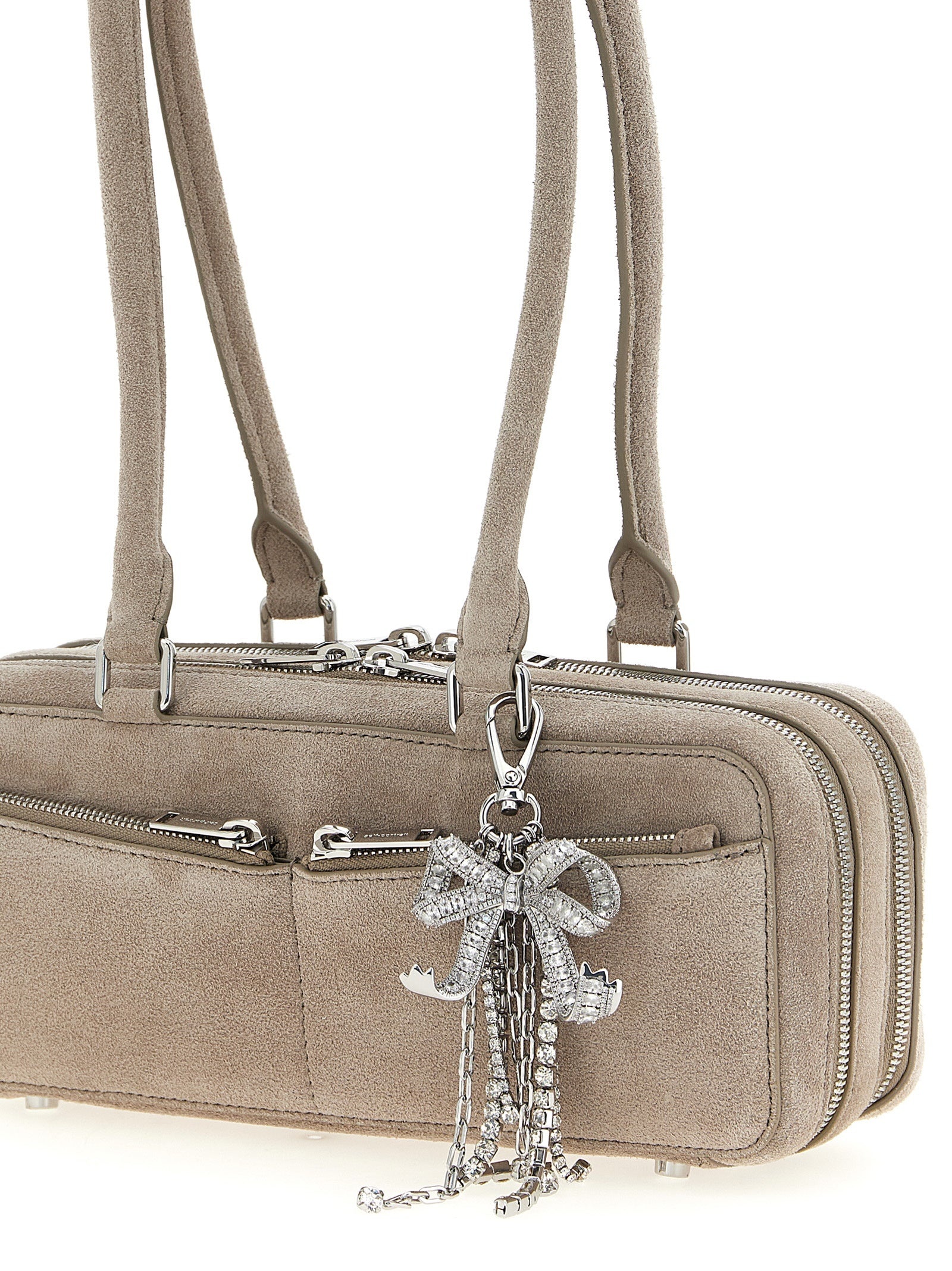 Tan Suede Baguette With Charm Shoulder Bags Gray - 3