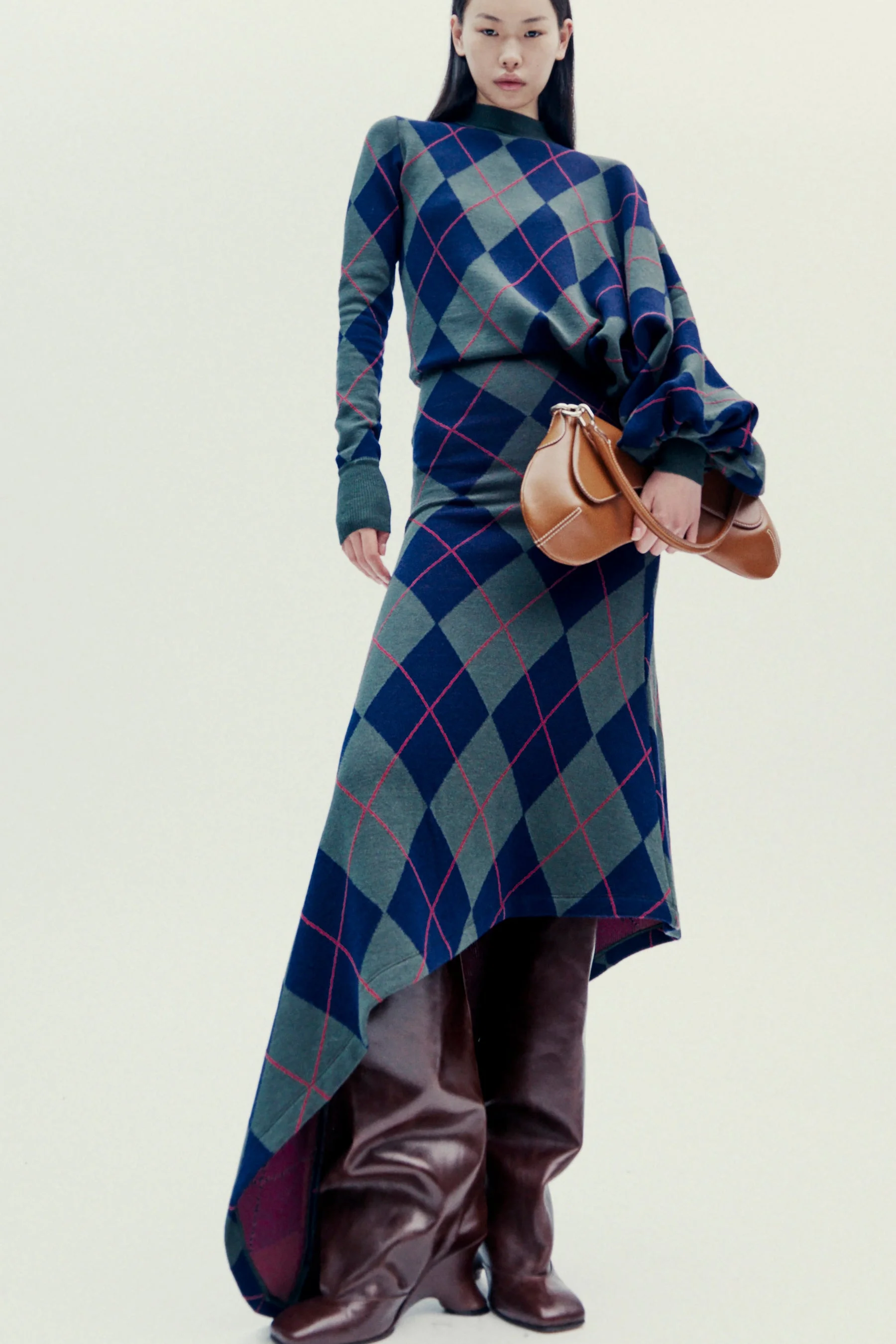 ARGYLE KNITTED DRESS NAVY GREEN - 1