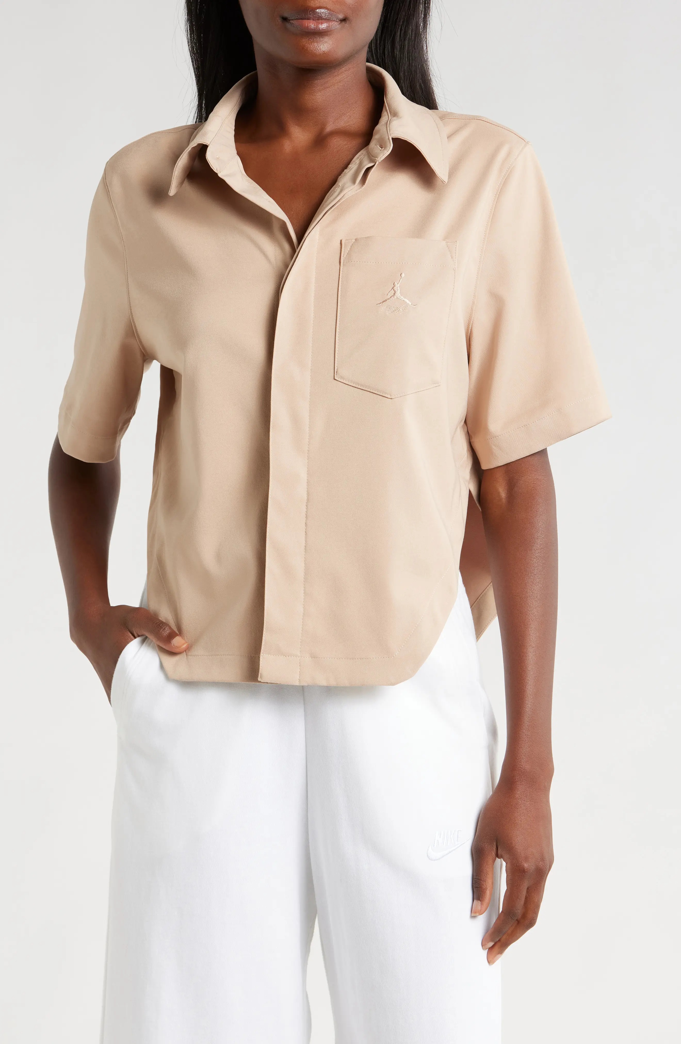 Crop Short Sleeve Stretch Button-Up Shirt - 1