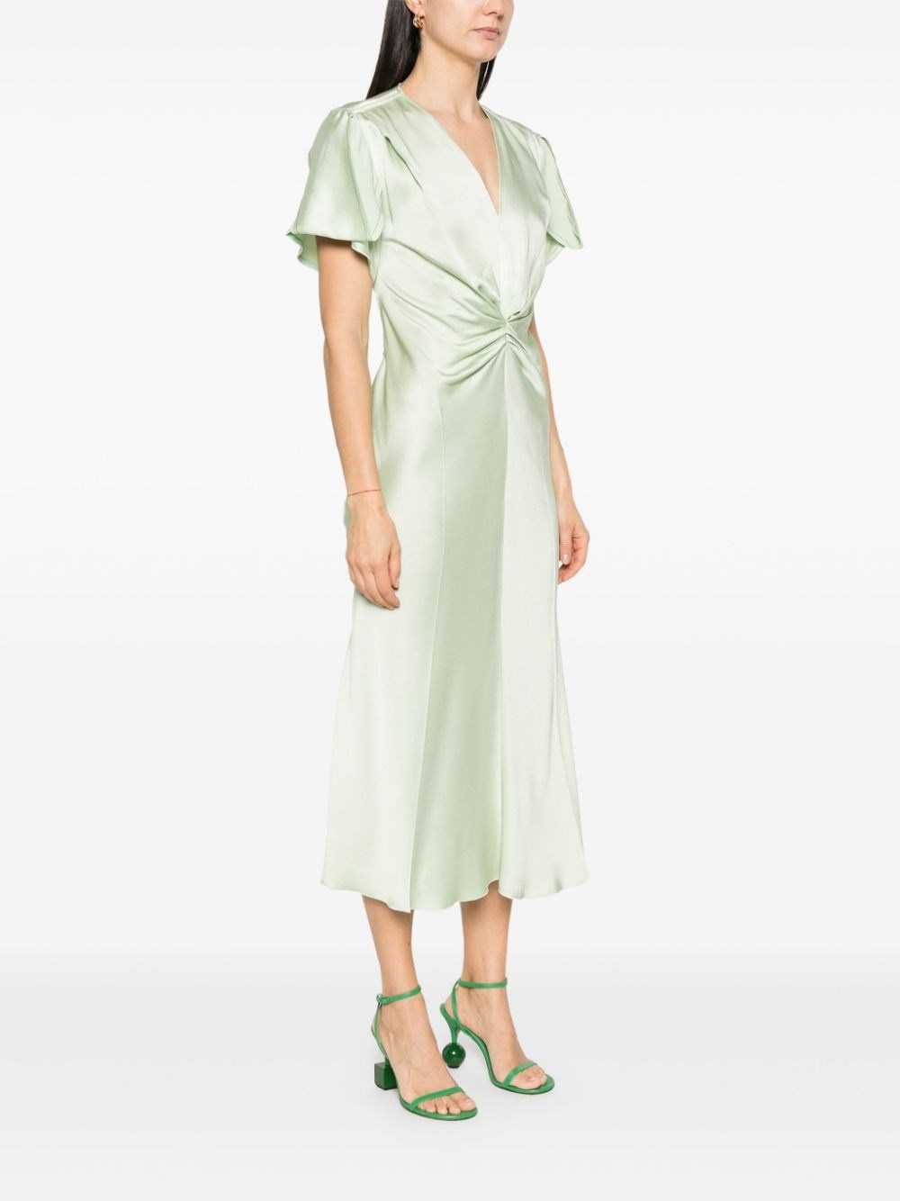 Gathered V-Neck Midi Dress - 4