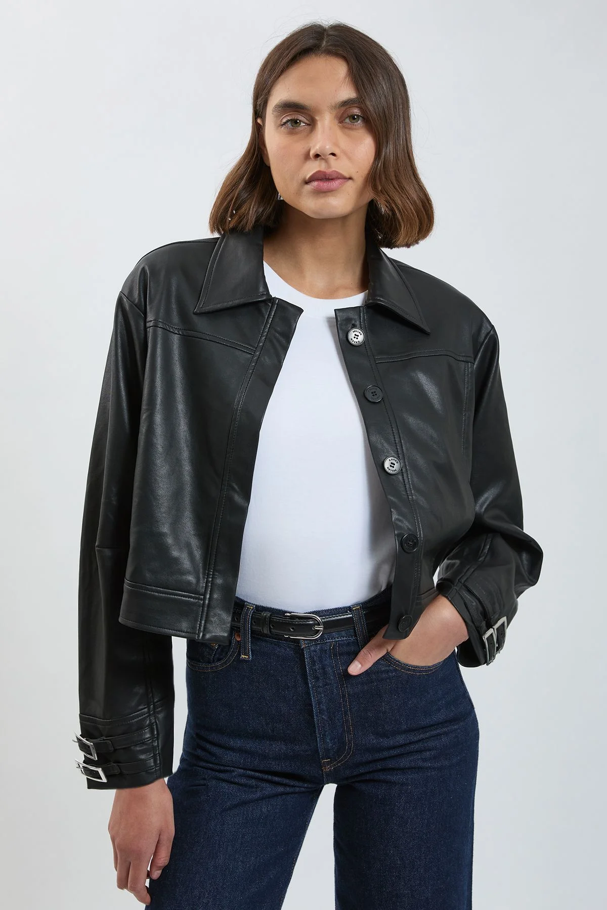 Faux Leather Tab Detail Bomber - 1