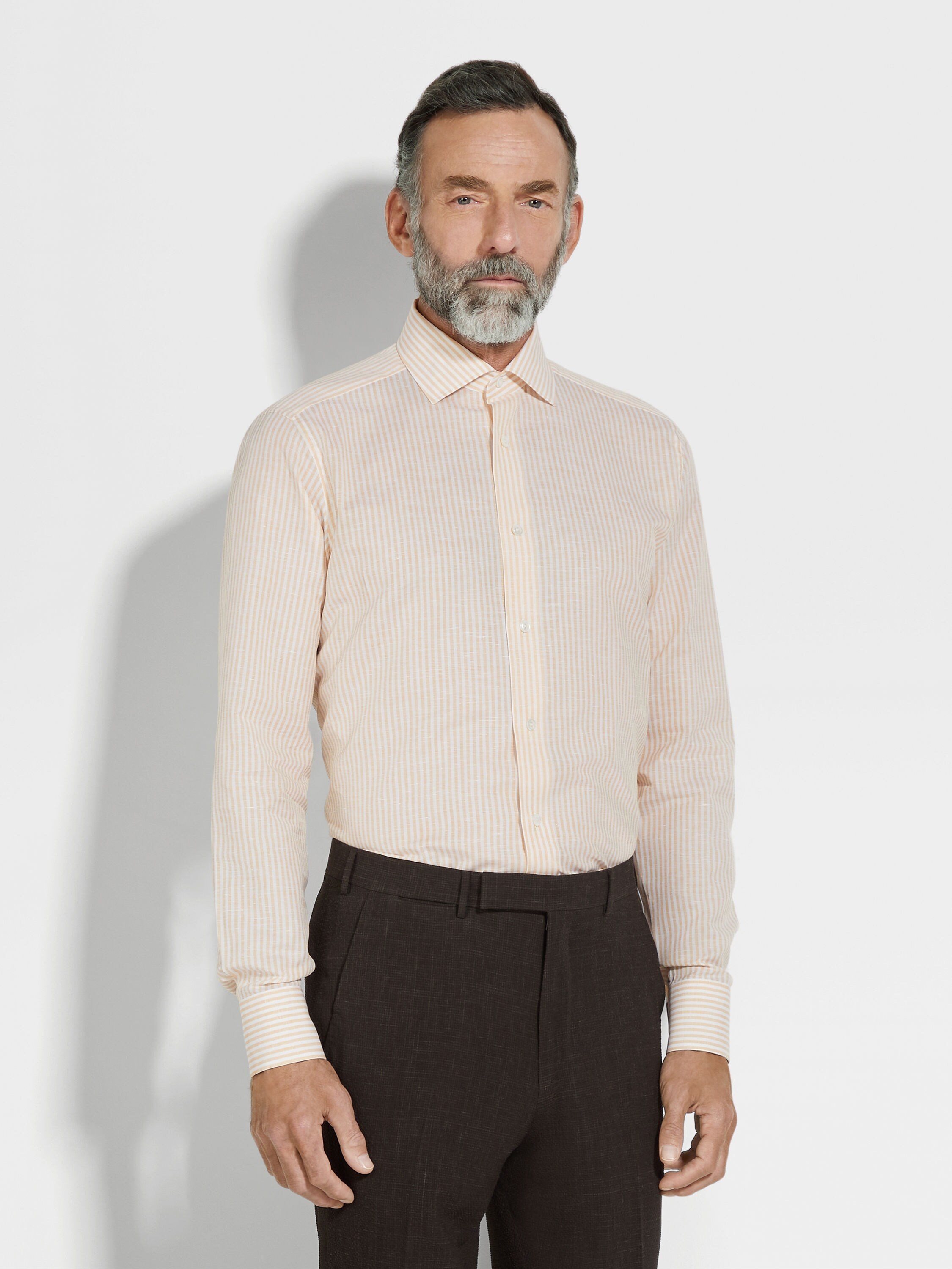 OCHRE AND WHITE STRIPED CENTOVENTIMILA COTTON AND LINEN SHIRT - 3