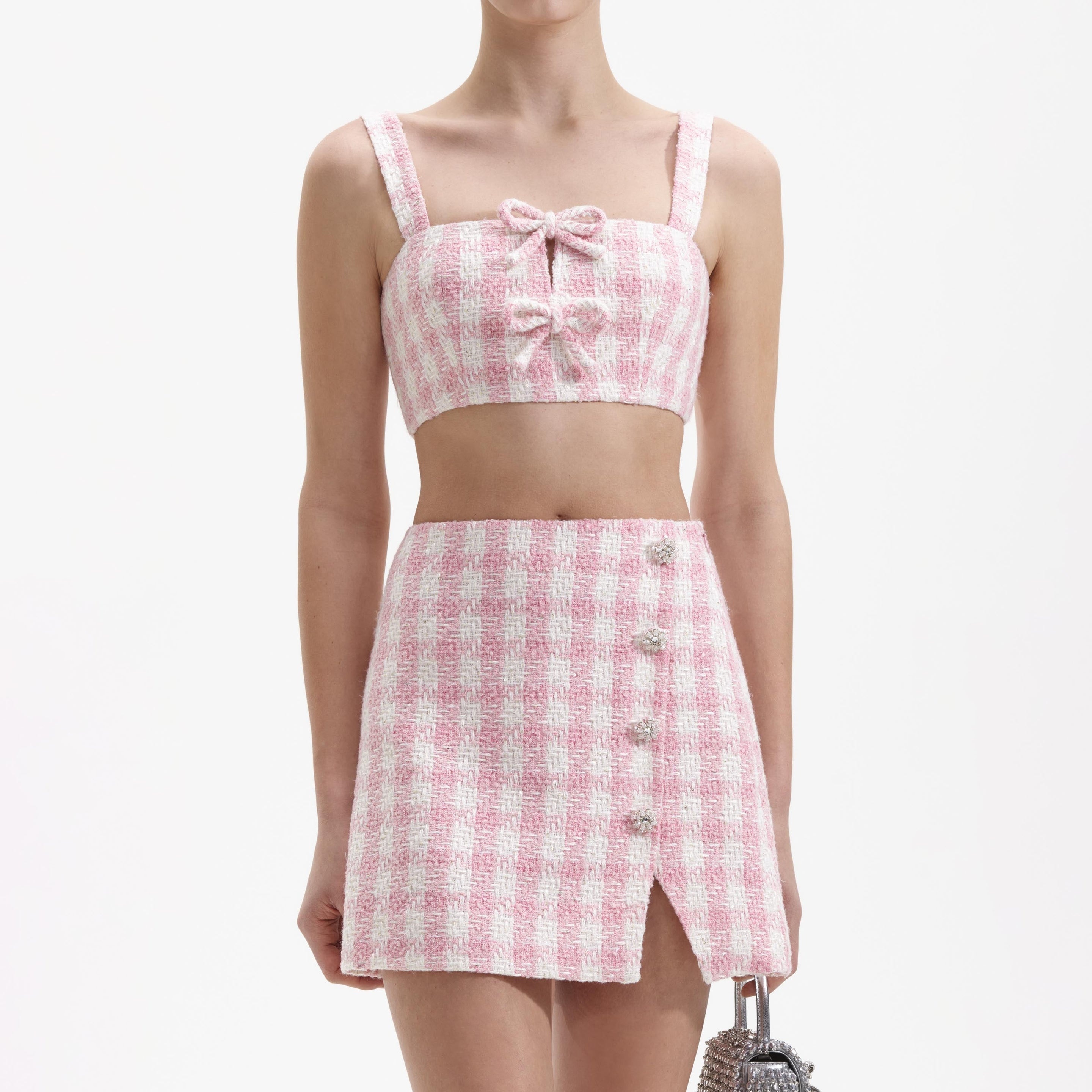 Pink Check Boucle Crop Top - 4