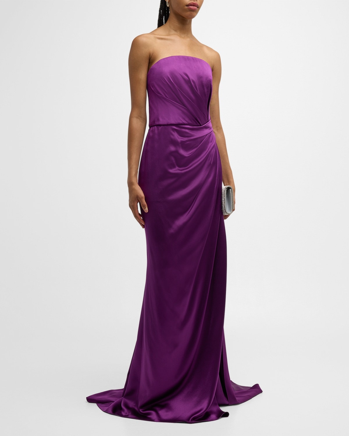 Strapless Satin Hand-Draped Gown with Slit - 3