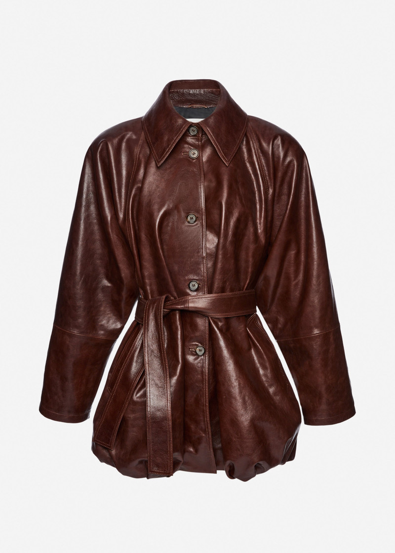 Bubble hemline leather jacket in brown 1