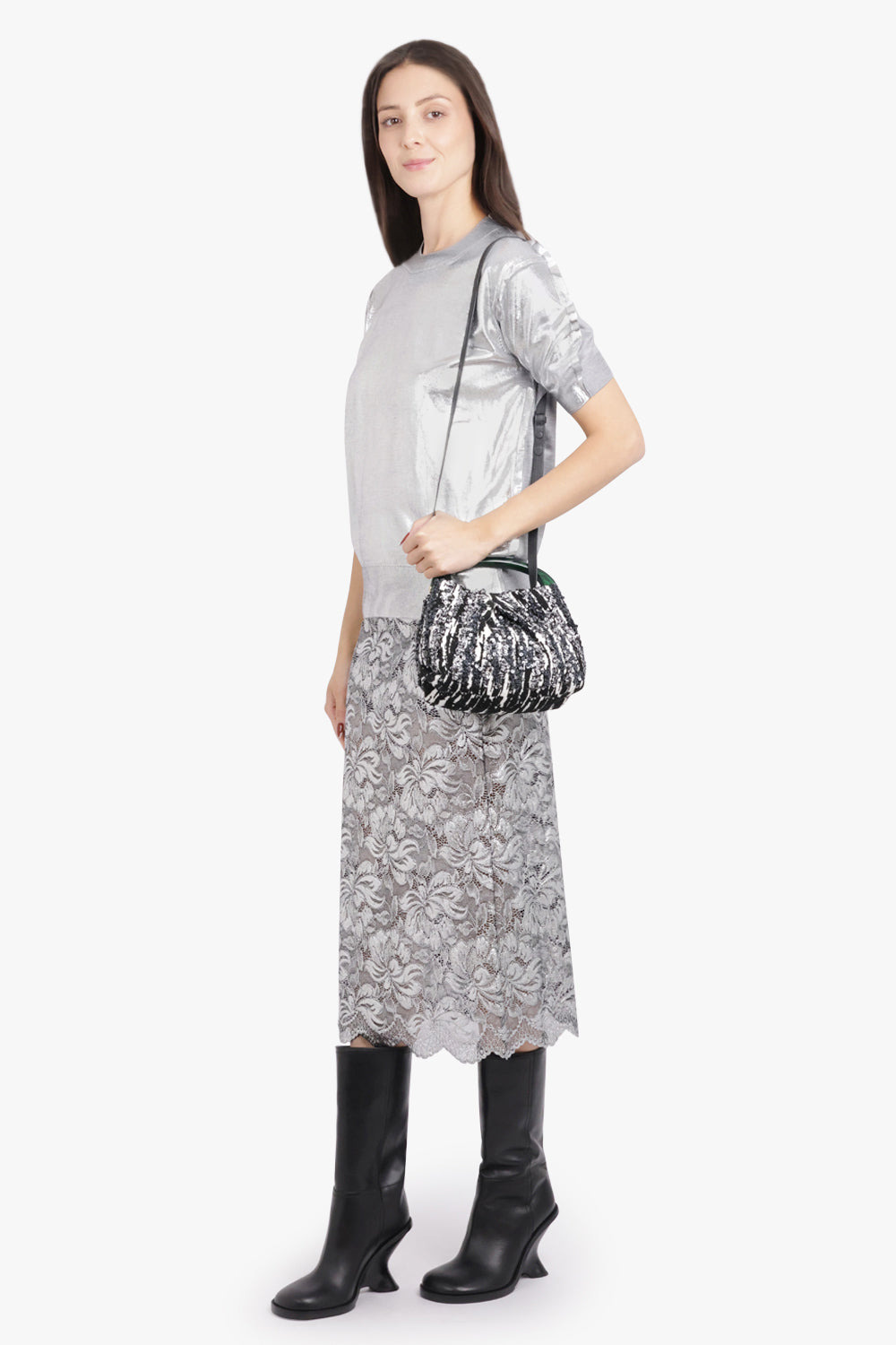 SEQUIN EMBELLISH MINI RESIN HANDLE BAG | BLACK/WHITE/GREEN - 5
