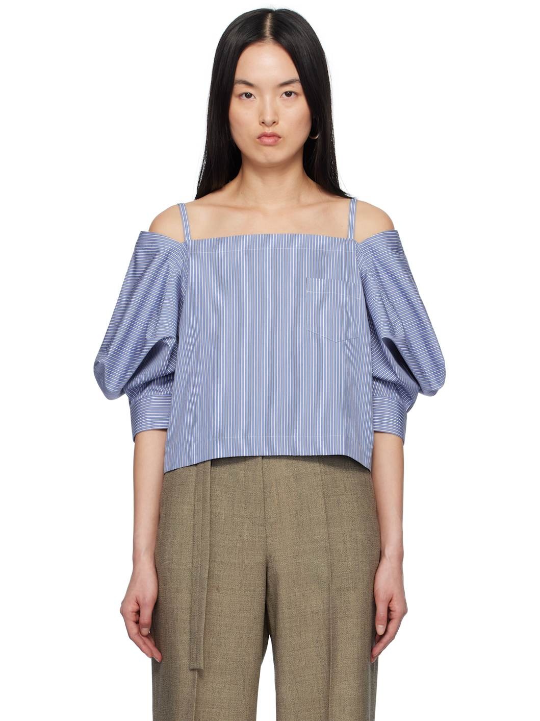 Blue Cotton Poplin Pullover Blouse - 1