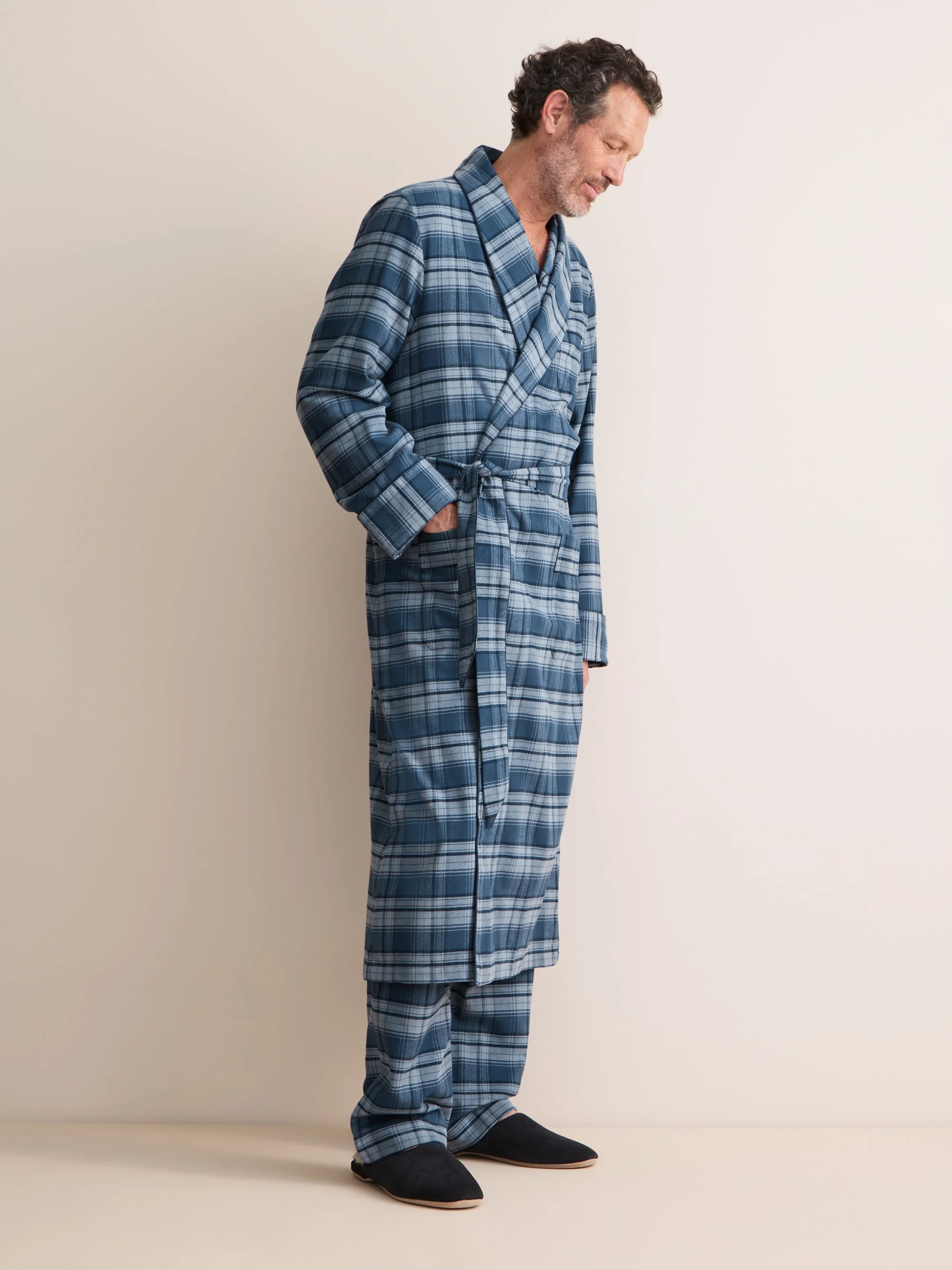 Kelburn Brushed Cotton Robe Blue Check - 1