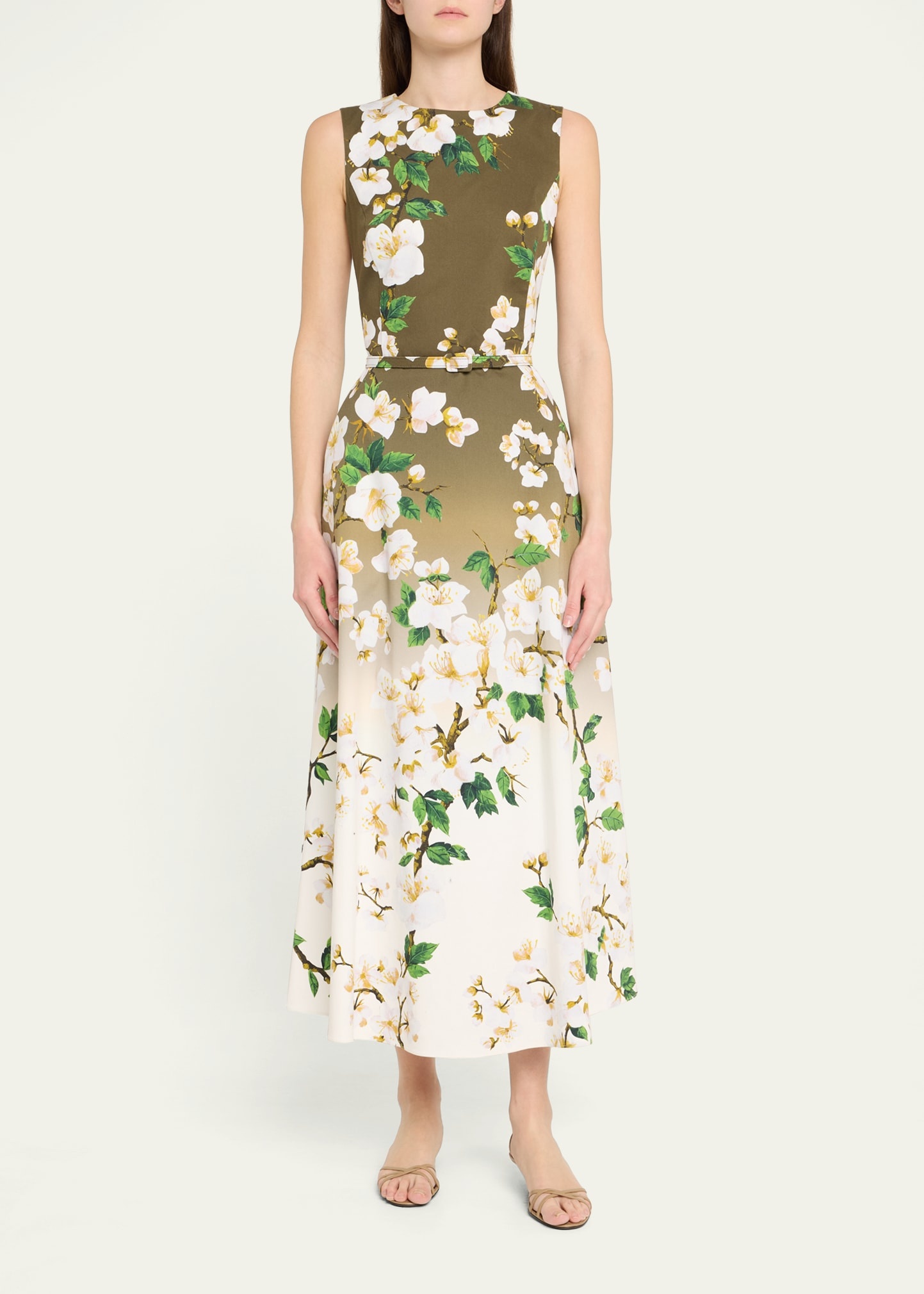 Sleeveless Ombre Cherry Blossom Tea-Length Dress With Belt - 2