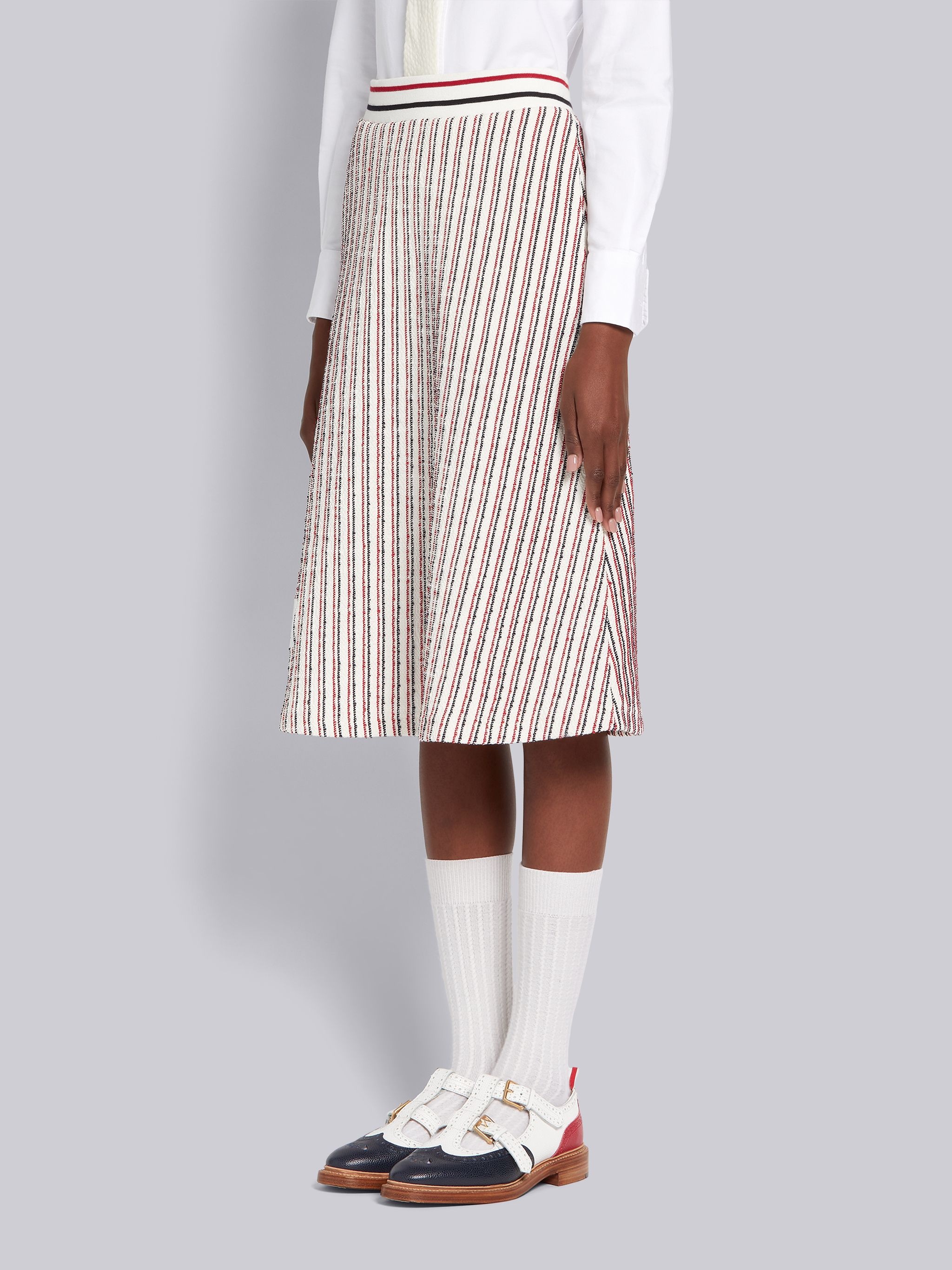 Multicolor Textured Cotton Tweed Multicolor Stripe Flared Skirt - 2