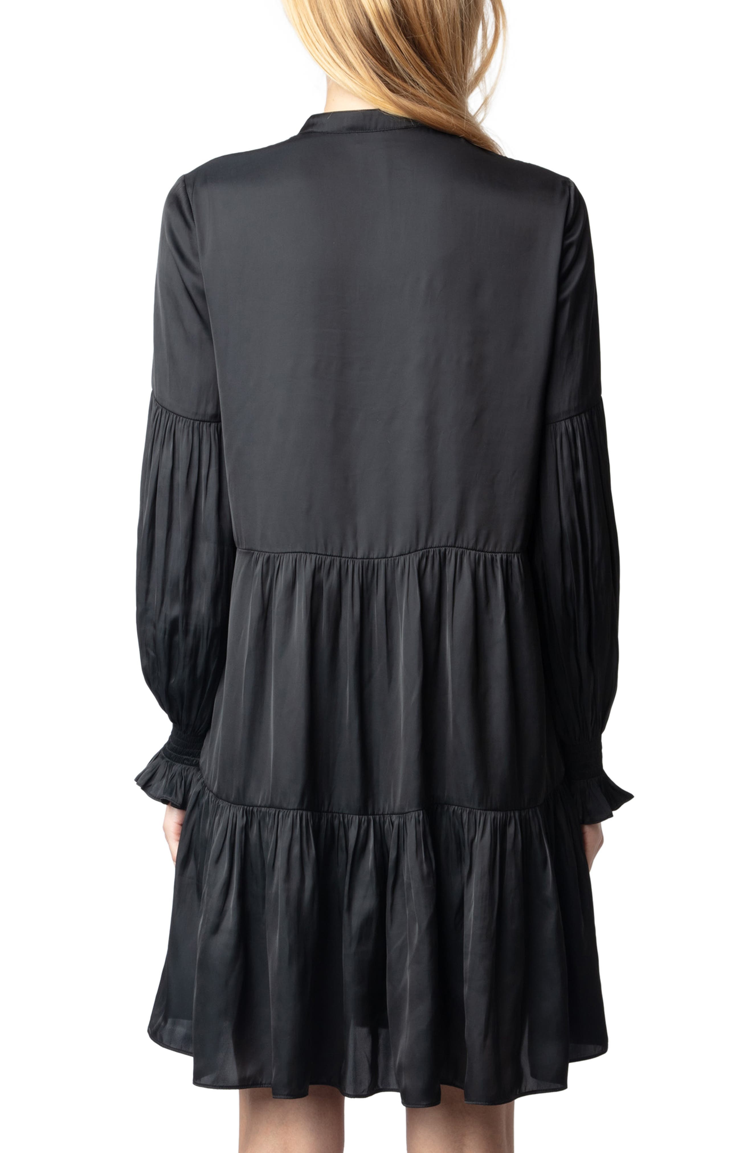 Zadig & Voltaire Randy Long Sleeve Tiered Satin Dress in Black at Nordstrom - 6
