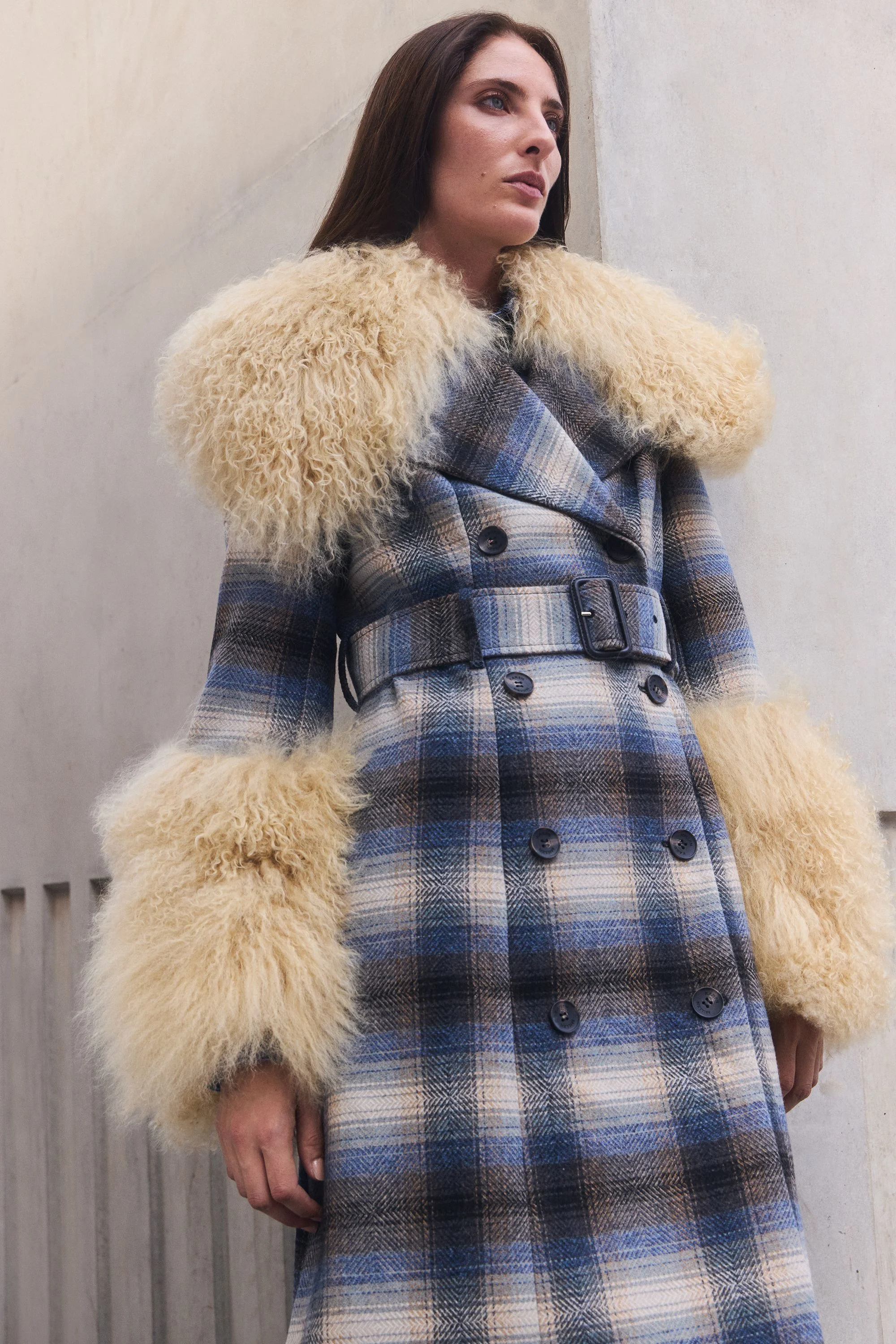 Wool & Shearling Check Tailored Double Breasted Belted Midi Coat - 1