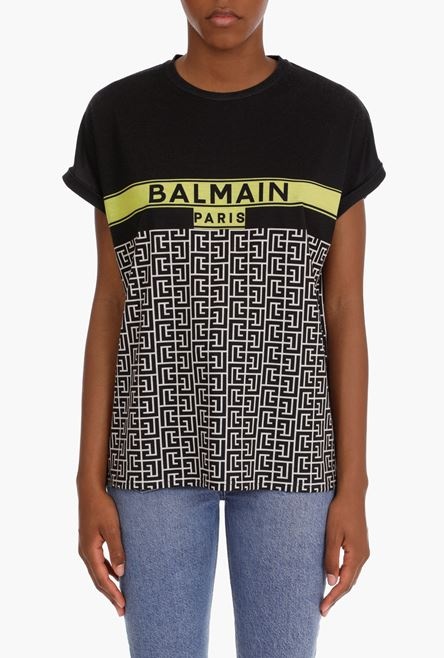 Bicolor cotton jacquard T-shirt with lime green Balmain logo print - 5