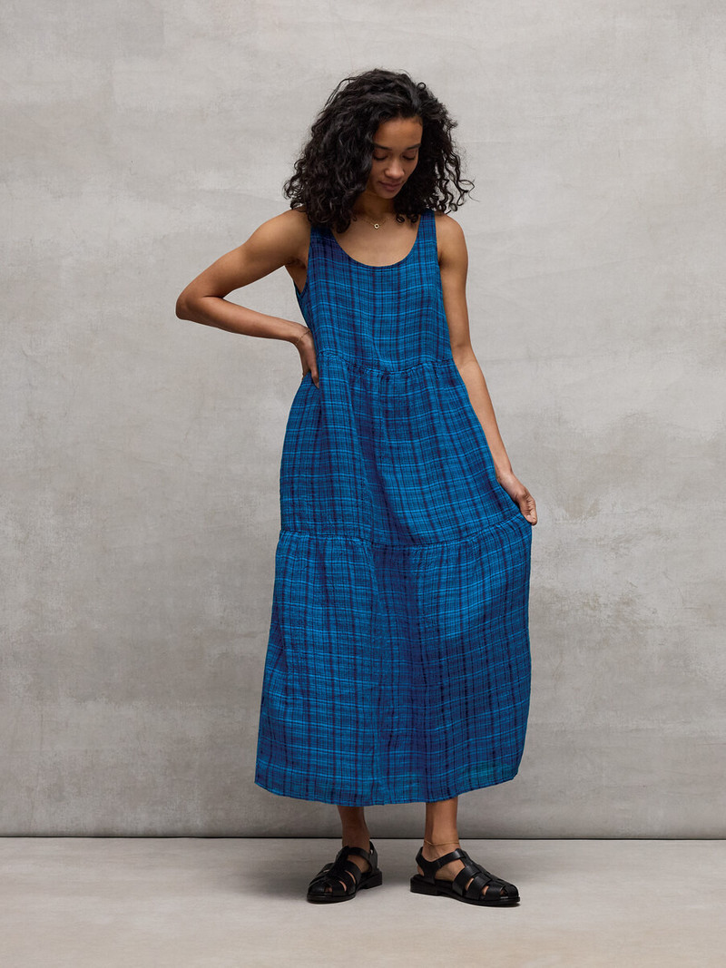 Puckered Organic Linen Plaid Tiered Dress 8