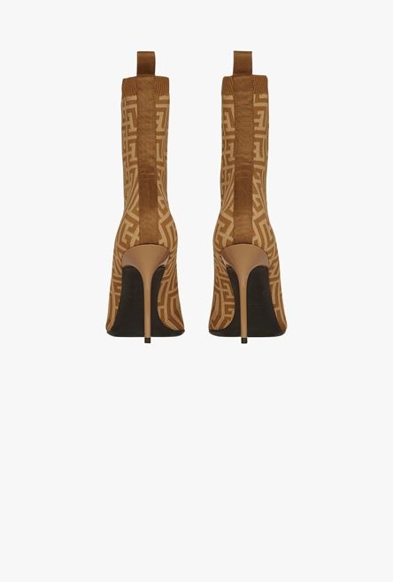 Bicolor nude and sand-colored stretch knit Skye ankle boots with Balmain monogram - 3