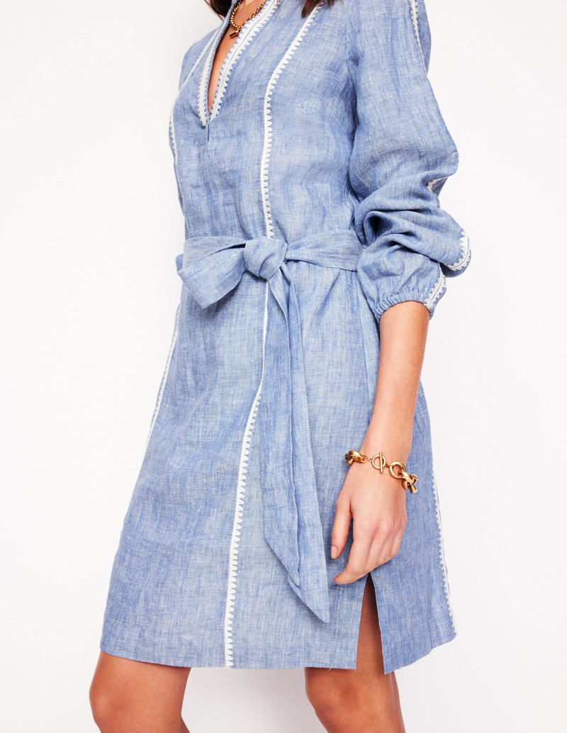 Cleo Linen Tie Waist Dress-Chambray Embroidery 4