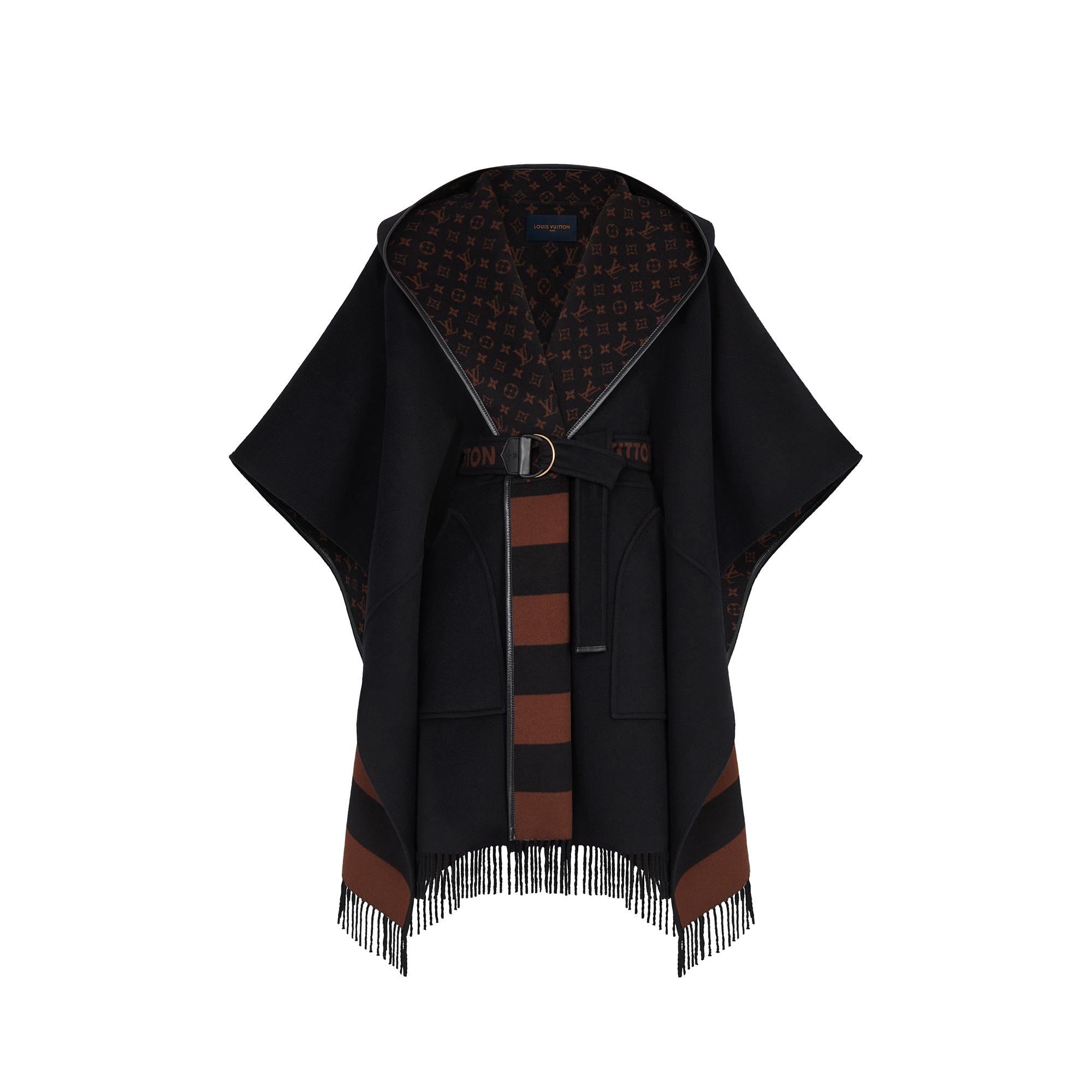 Louis Vuitton, Black Hooded Wrap Coat In Wool & Silk With Fringe Ponc