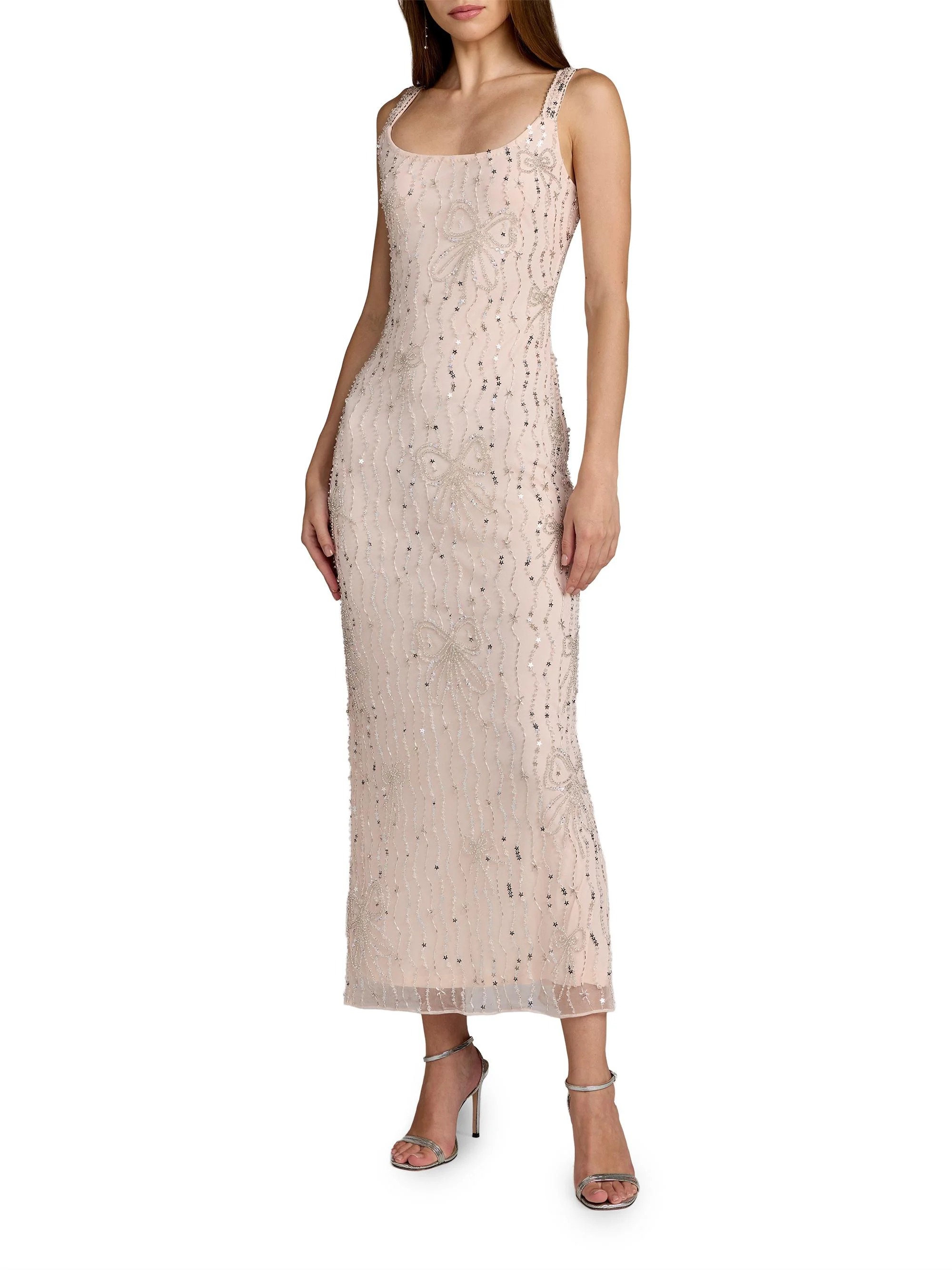 Women's Cocktail Beaded Mesh Scoopneck Gown - Blush - 1