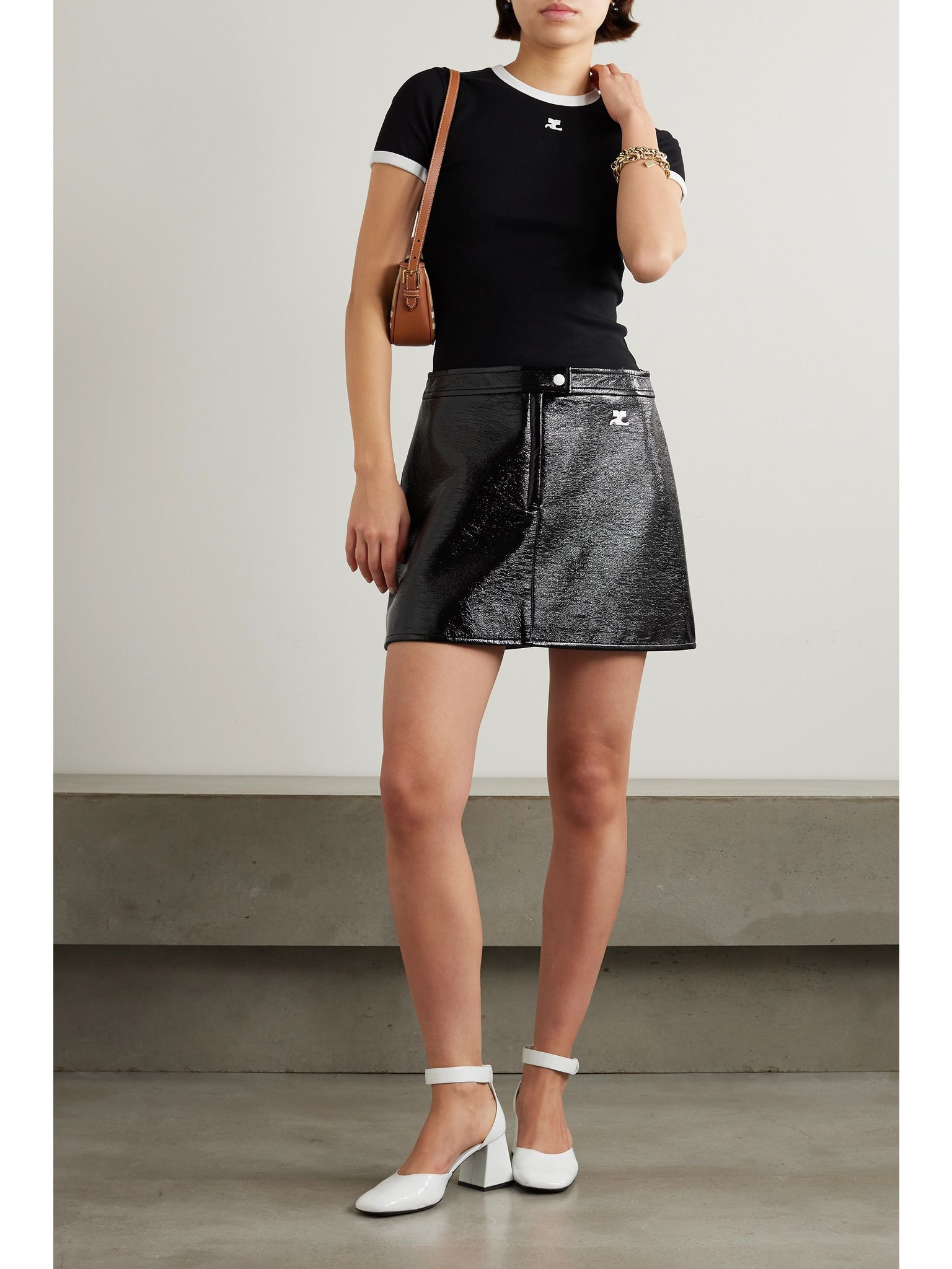 Reedition appliquéd coated cotton-blend mini skirt Black - 2