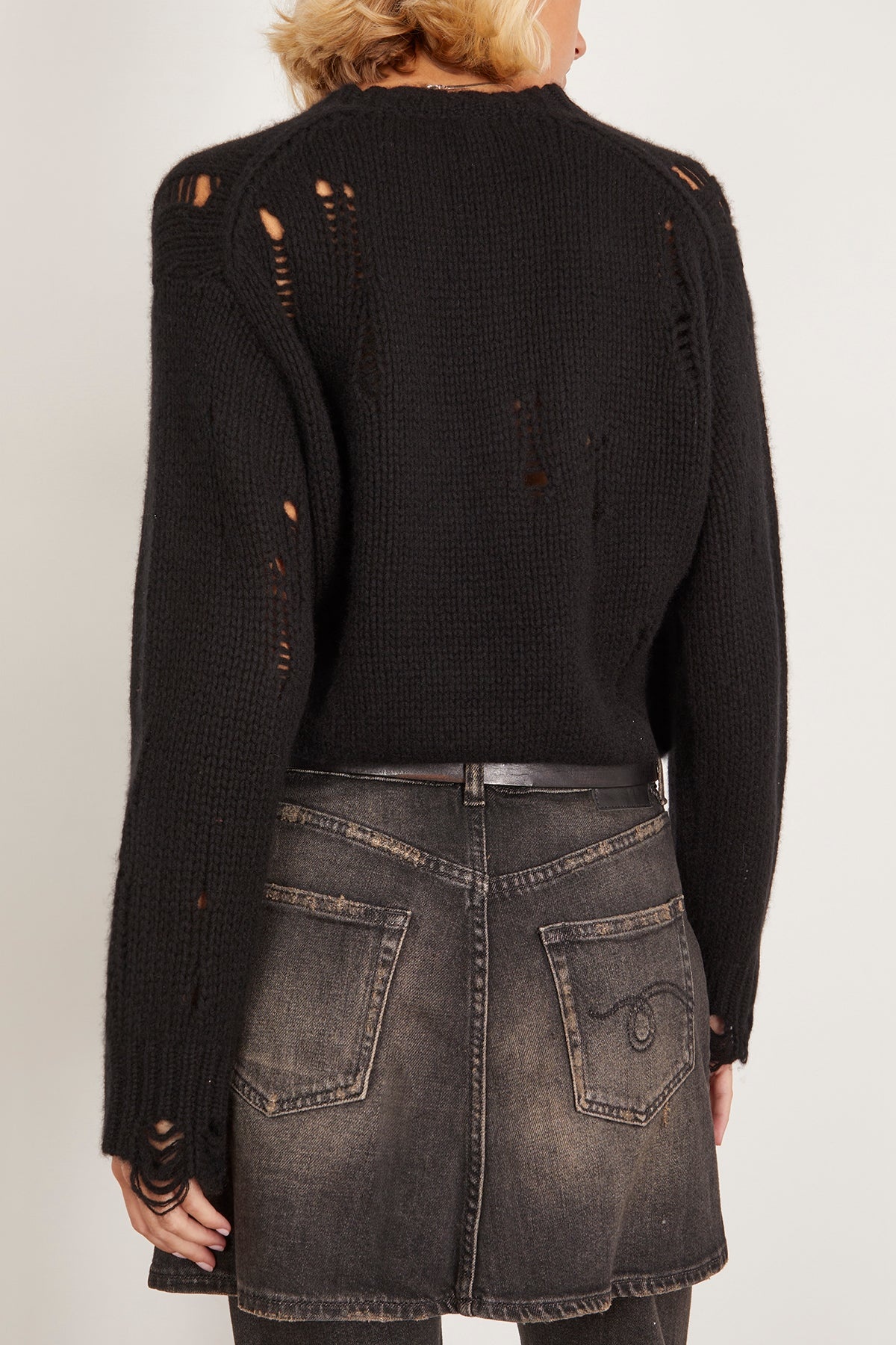 Crossover Distressed Cardigan in Black - 4