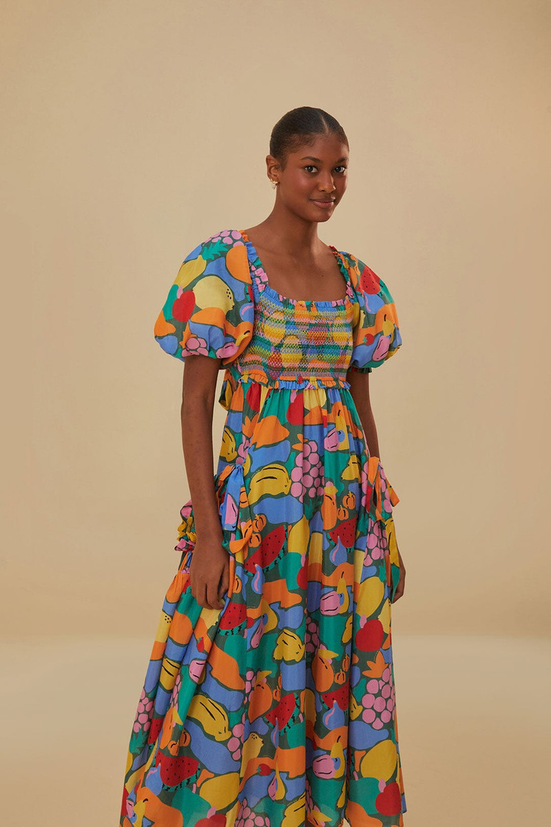 Multicolor Fruit Landscape Short Sleeve Midi Dress 4