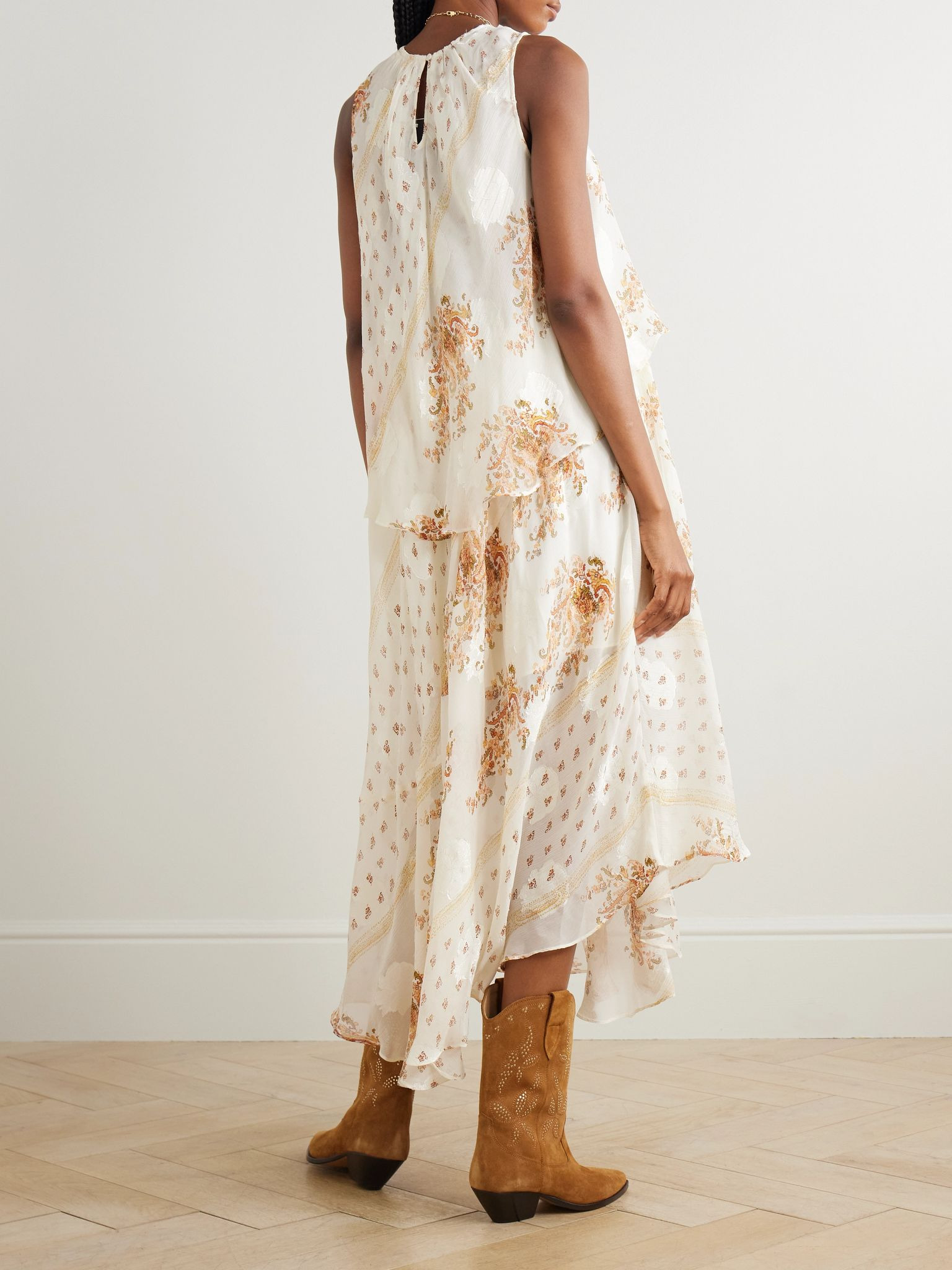 Caprice asymmetric layered printed silk-blend dress Cream - 3