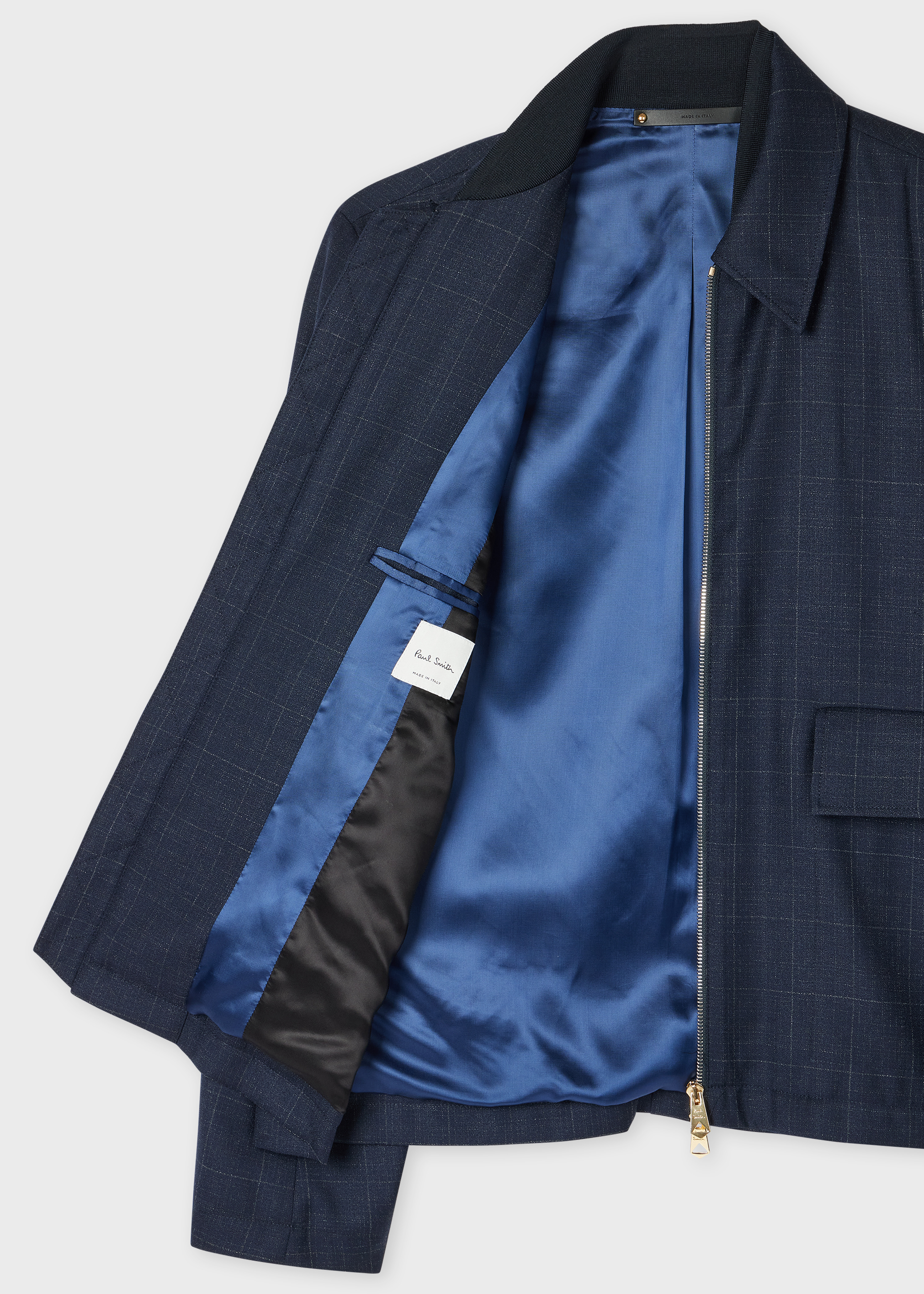 Navy Windowpane Check Wool Zip Jacket - 4
