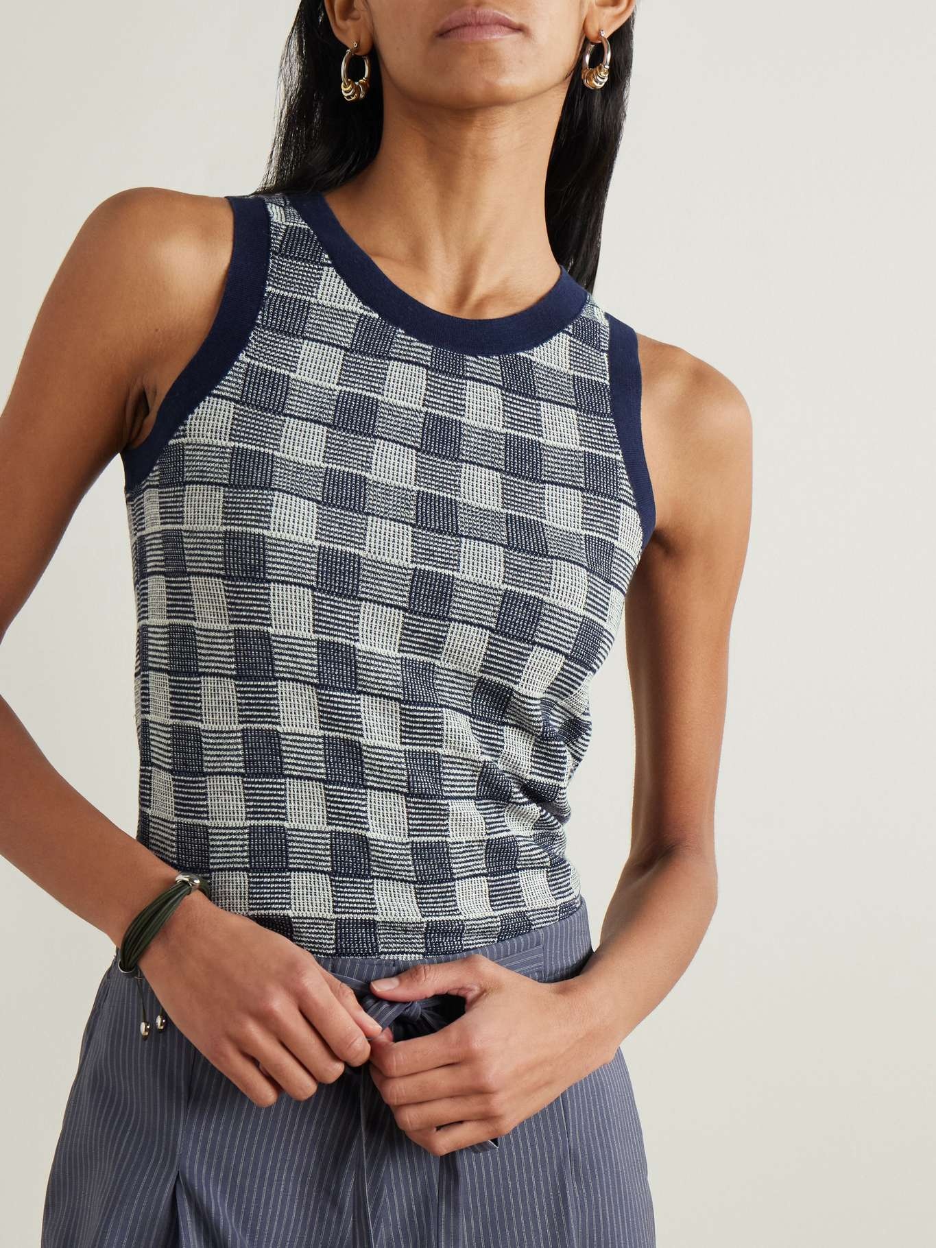 Gingham silk and linen-blend tank Blue - 3