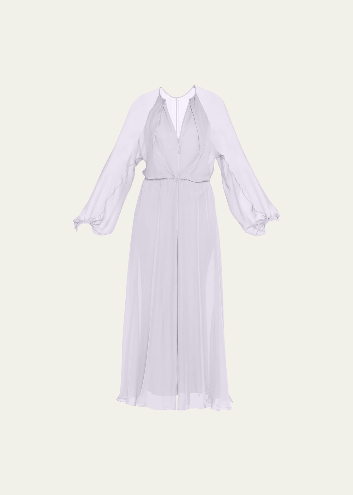 Zip-Front Long-Sleeve Silk Chiffon Layered Gown - 1