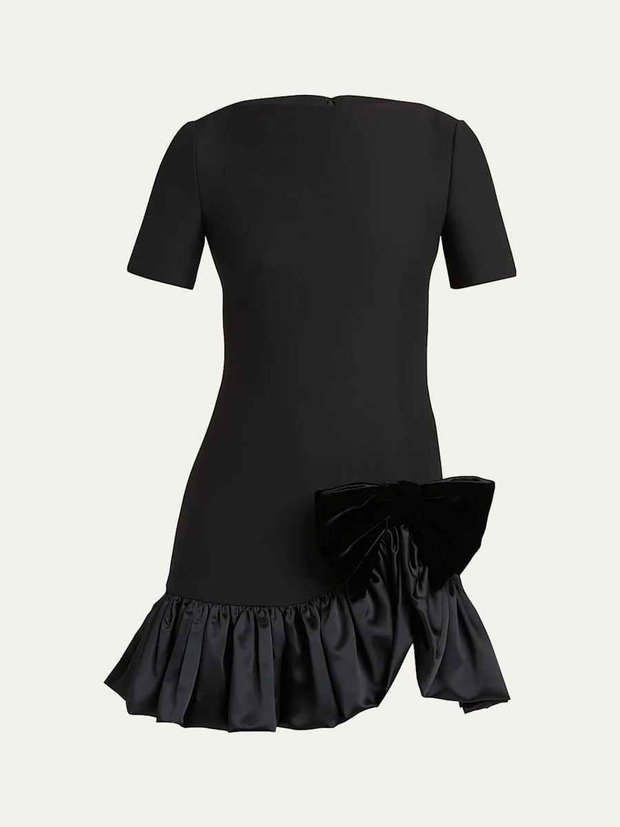 Velvet Bow Ruffle Short-Sleeve Mini Dress - 1