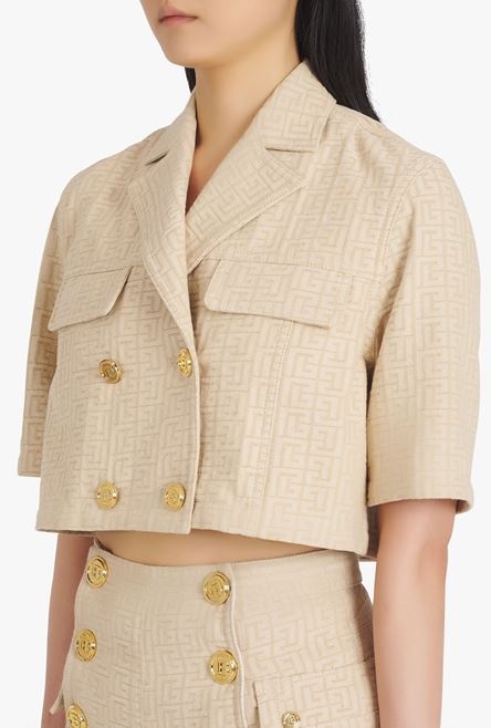 Cropped nude and white Balmain monogram jacquard shirt - 6