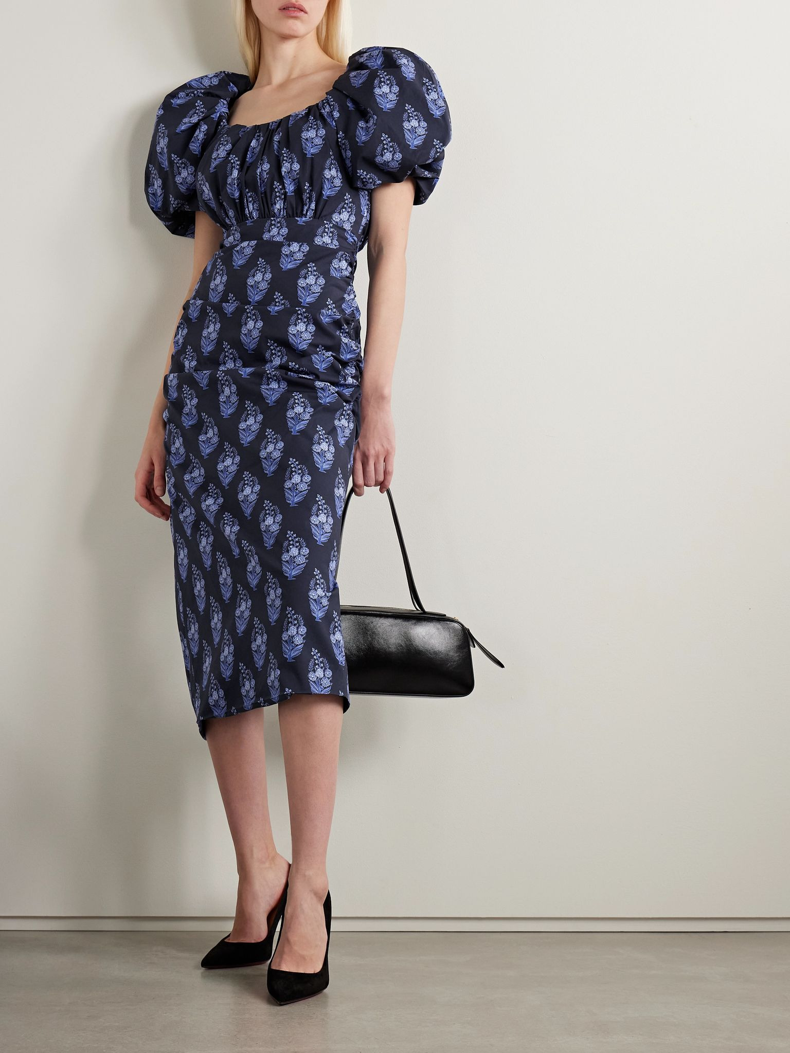 Gathered floral-print cotton-blend poplin midi dress Midnight blue - 2