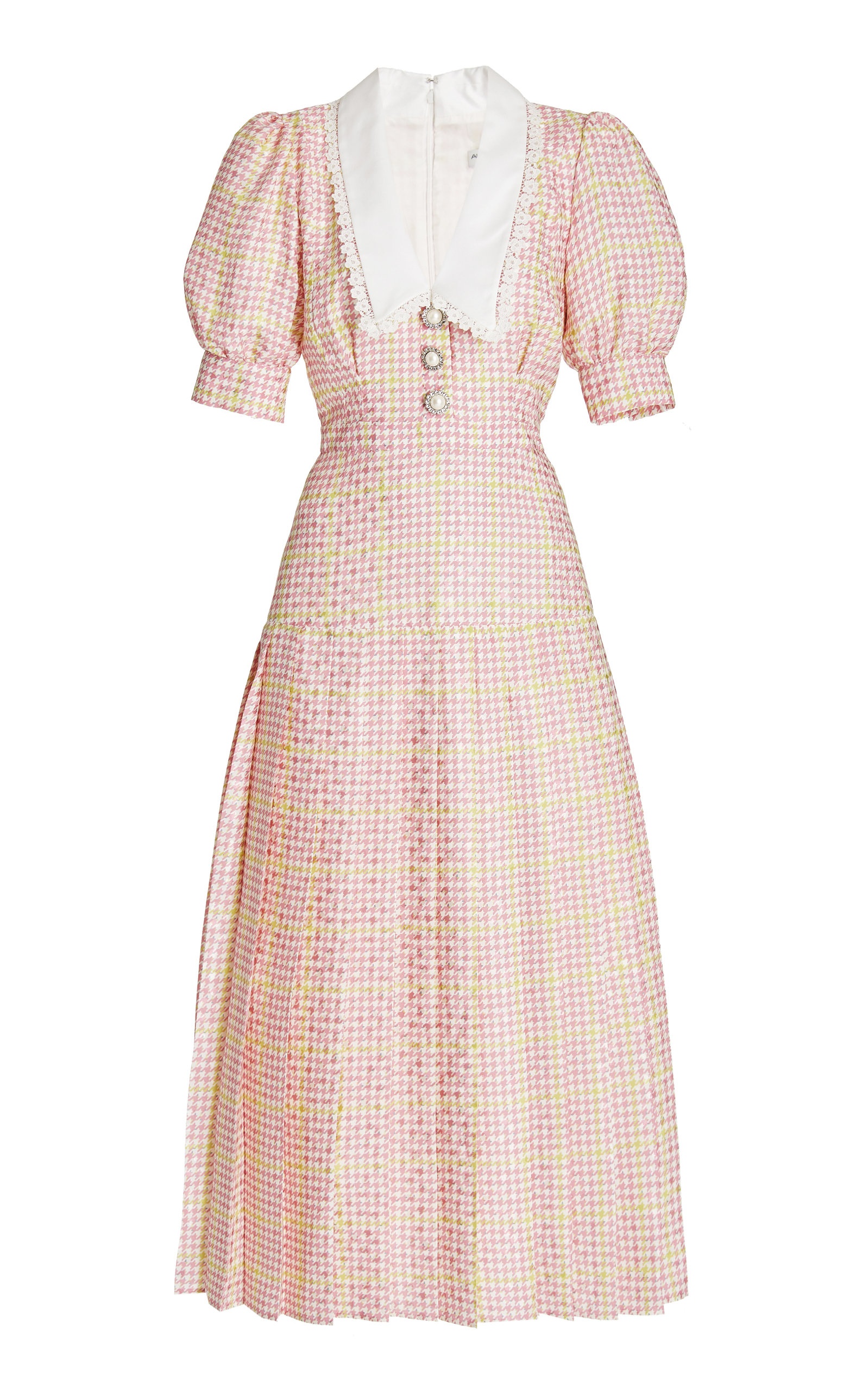 Lace-Trimmed Houndstooth Silk Midi Dress pink - 1