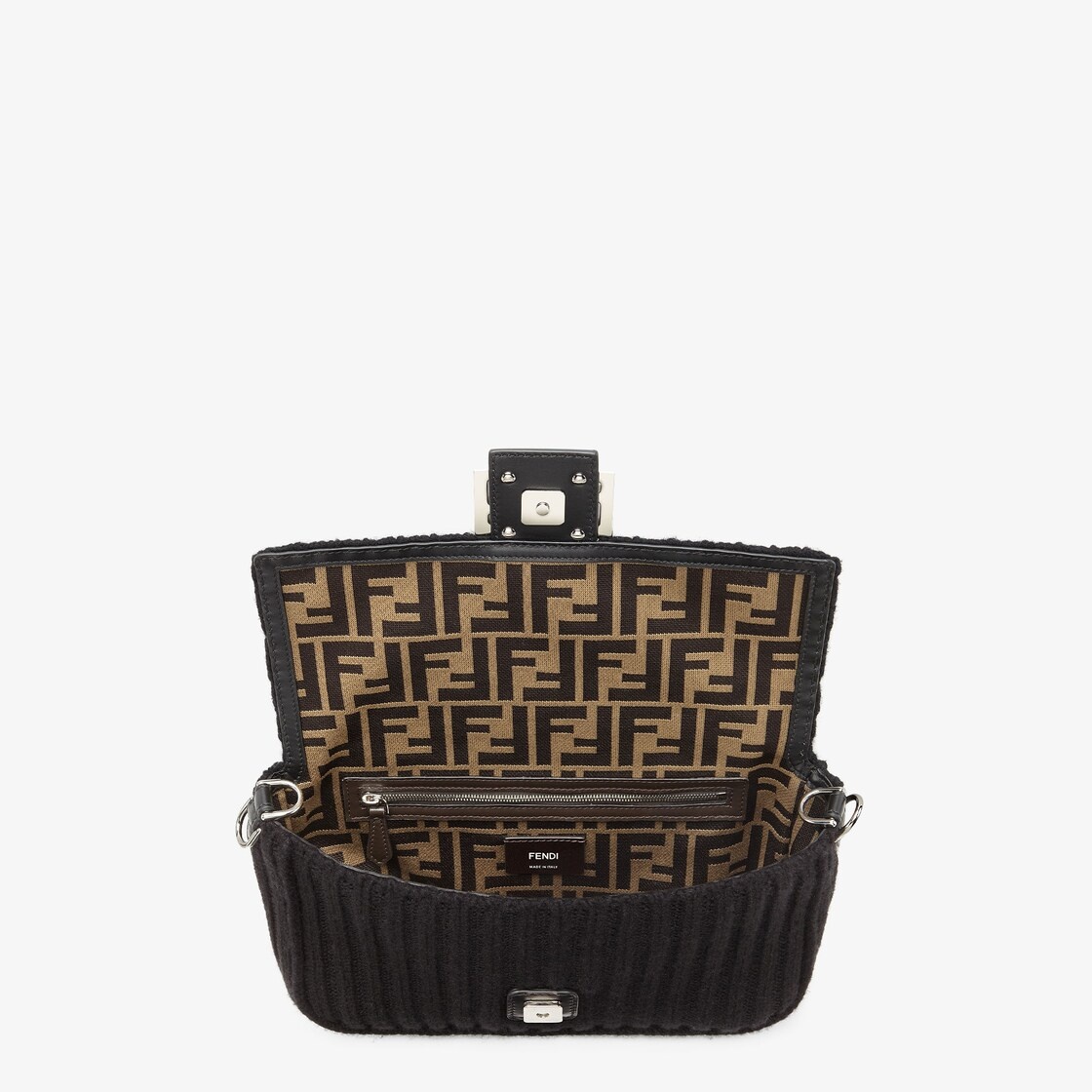 Baguette made of black wool knit with square flap and FF magnetic clasp. Fabric-lined interior with  - 4