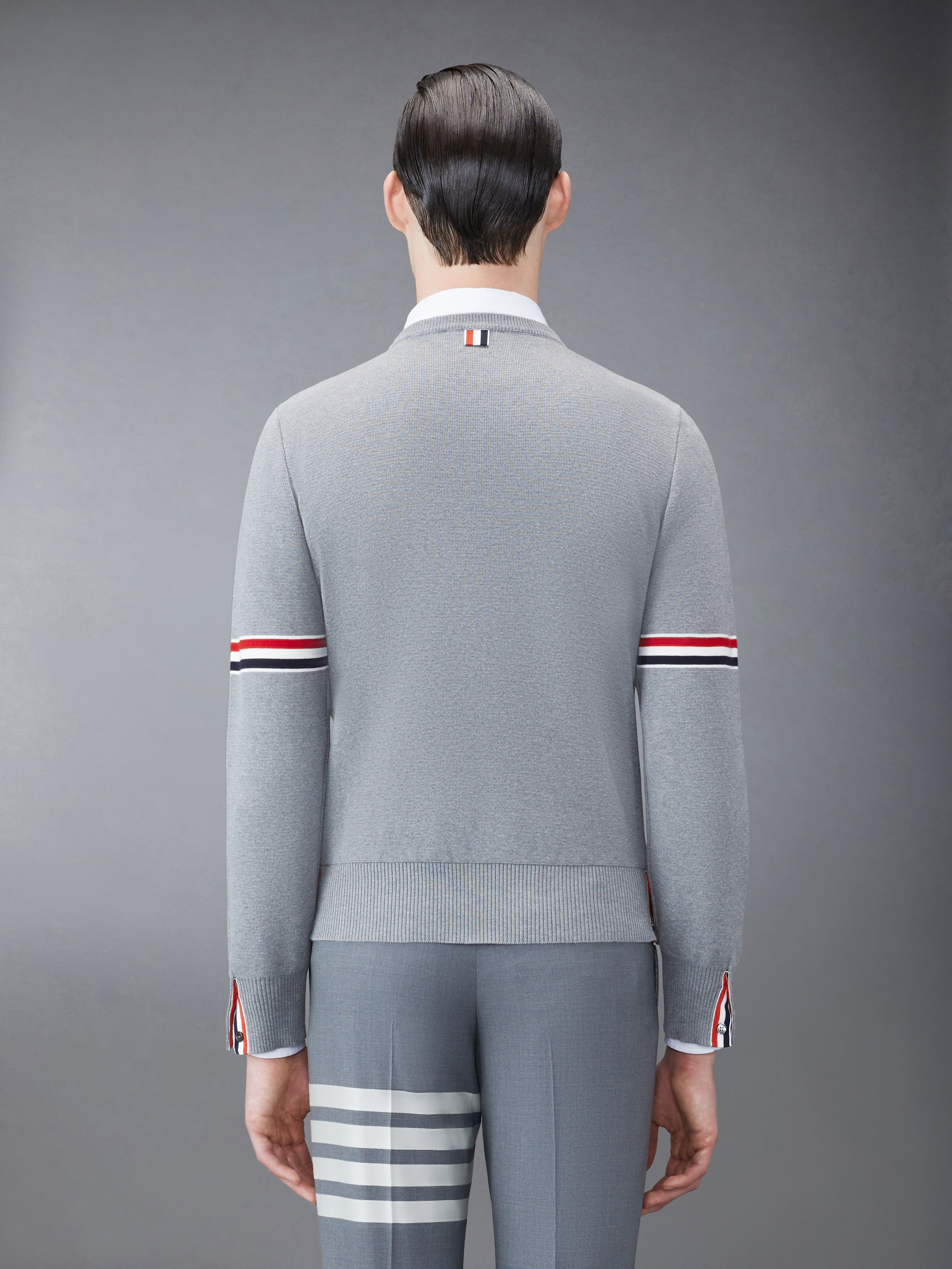 Light Grey Cotton Milano Stitch Stripe Armband Crewneck Pullover - 2