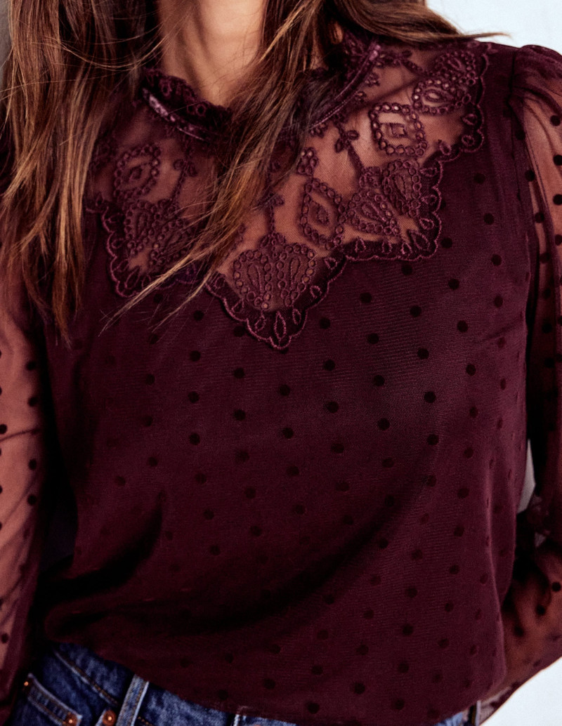 Tulle Yoke Embroidered Top-Dark Cherry 3