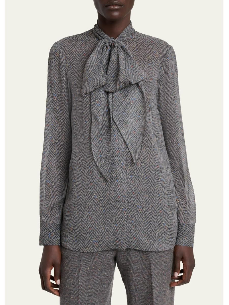Shildon Herringbone Silk Bow Button-Down Top 4