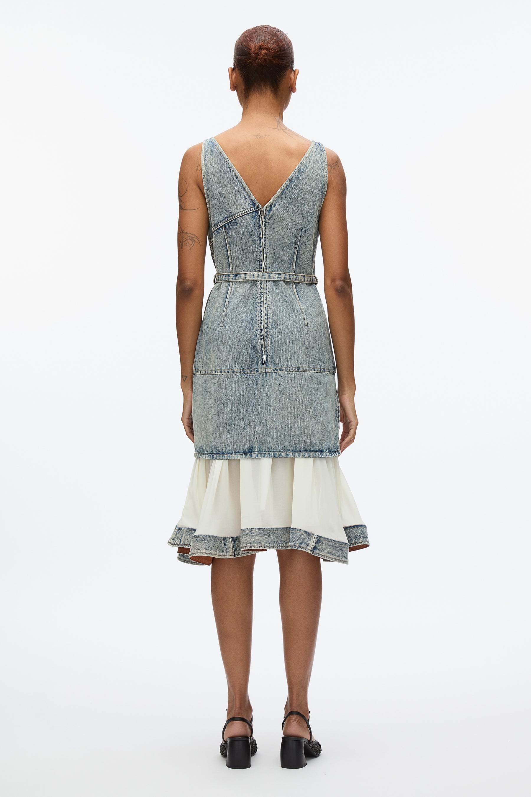Denim V Neck Dress with Chiffon Hem - 4