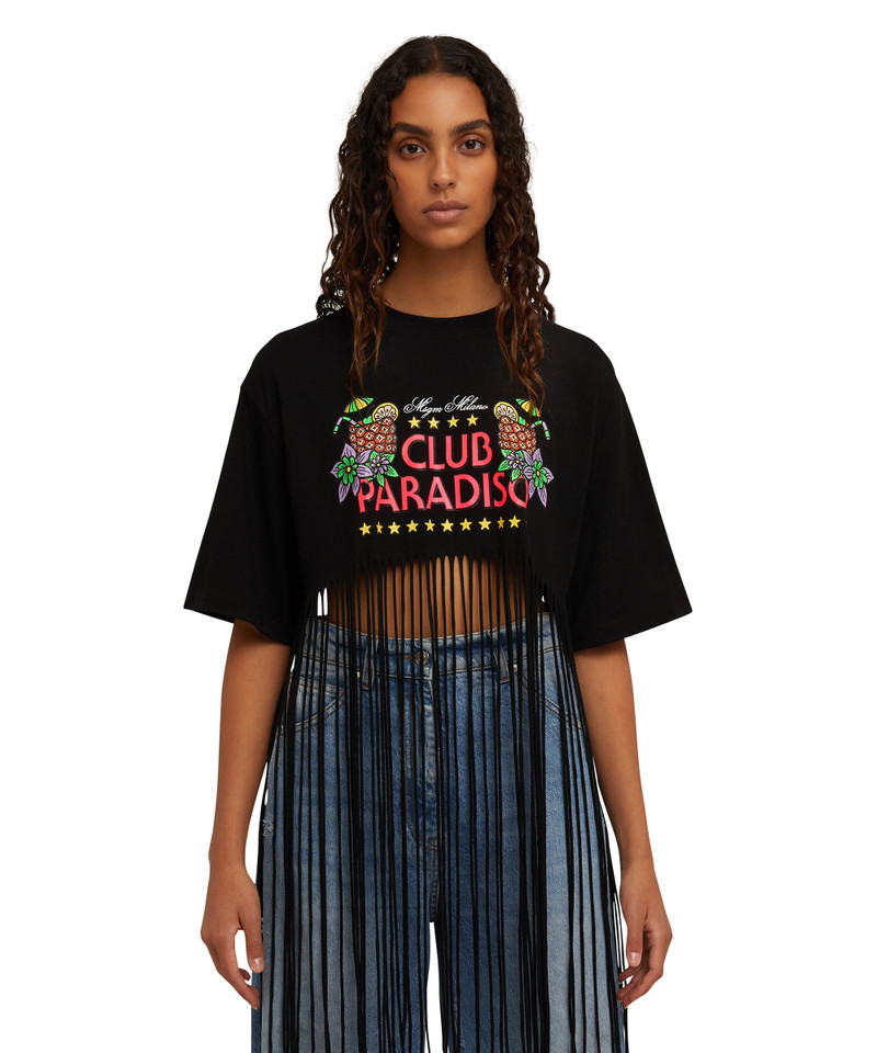 MSGM Cotton crewneck crop-top fringed t-shirt with "club paradiso" graphic outlook