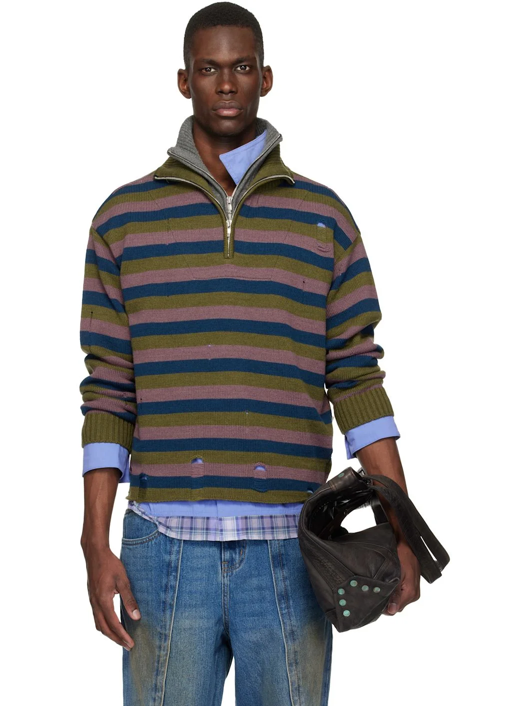 Blue & Gray Double Layered Stripe Half Zip-Up Sweater - 1