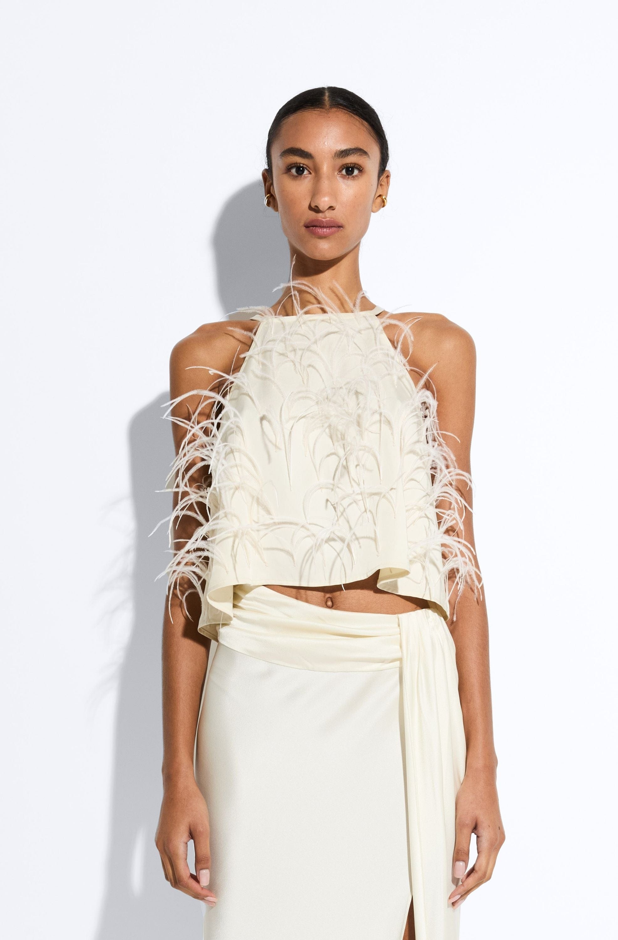 Lightweight Satin Halter Cami With Feathers - 2