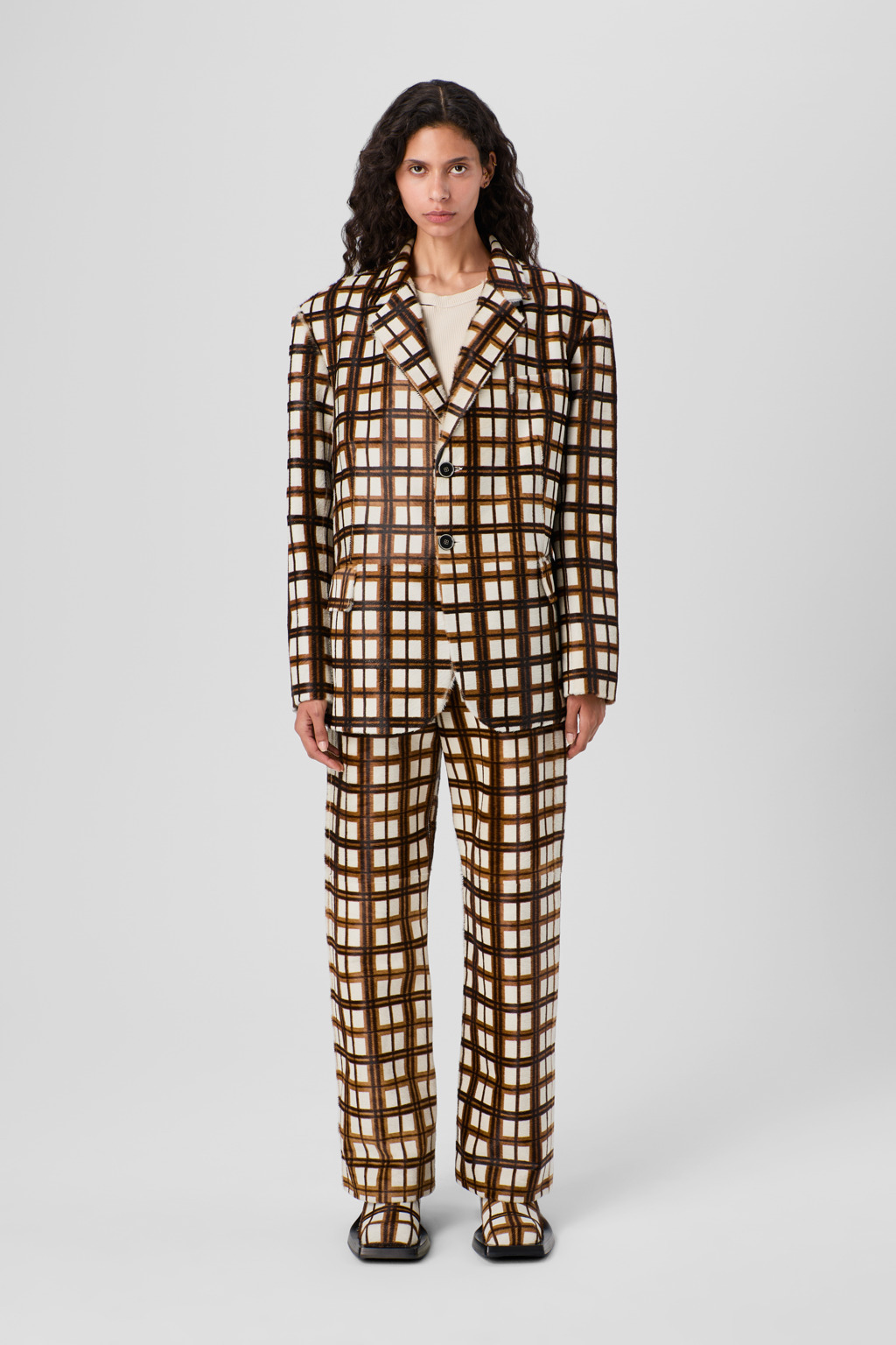 Cream-brown tartan hair-on-leather trousers - 2