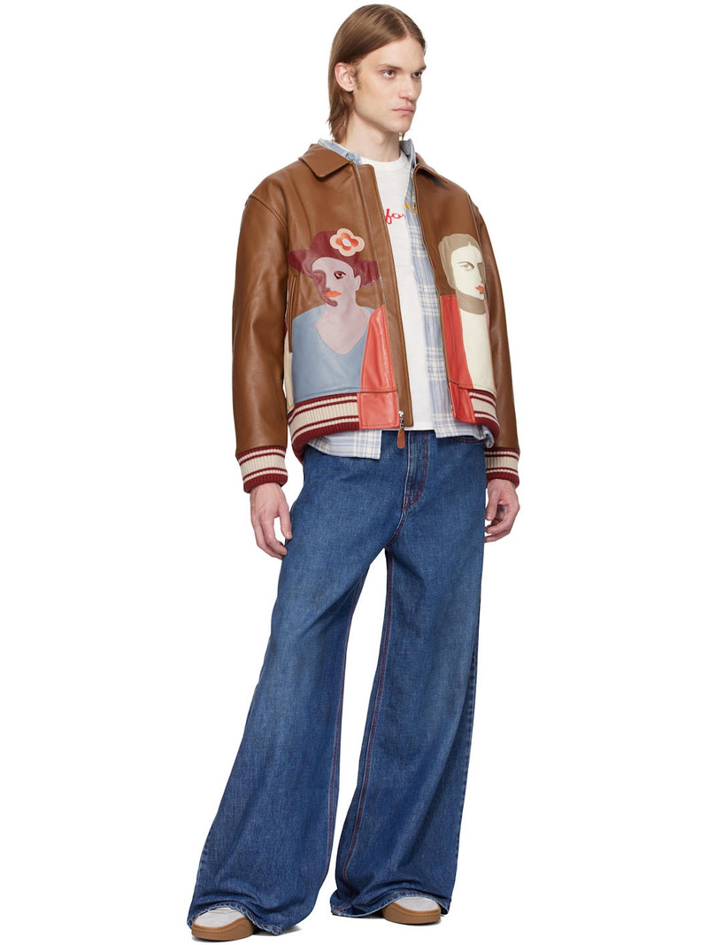 KidSuper Brown Patchwork Portraits Leather Varsity Jacket outlook