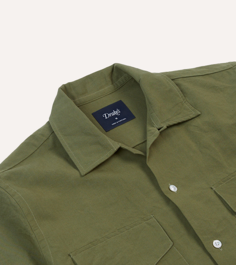 Olive Cotton-Linen Camp Collar Three Pocket Short Sleeve Shirt 3