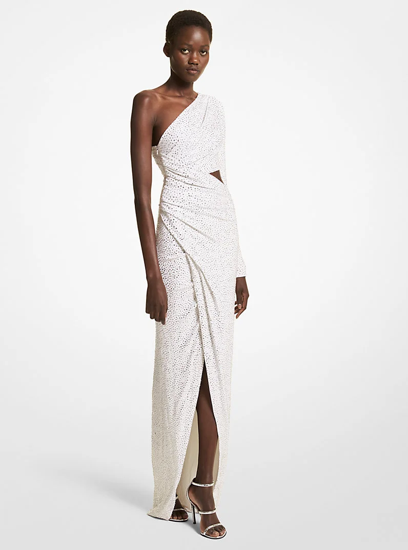 Crystal Embroidered Stretch Jersey Asymmetric Gown - 1