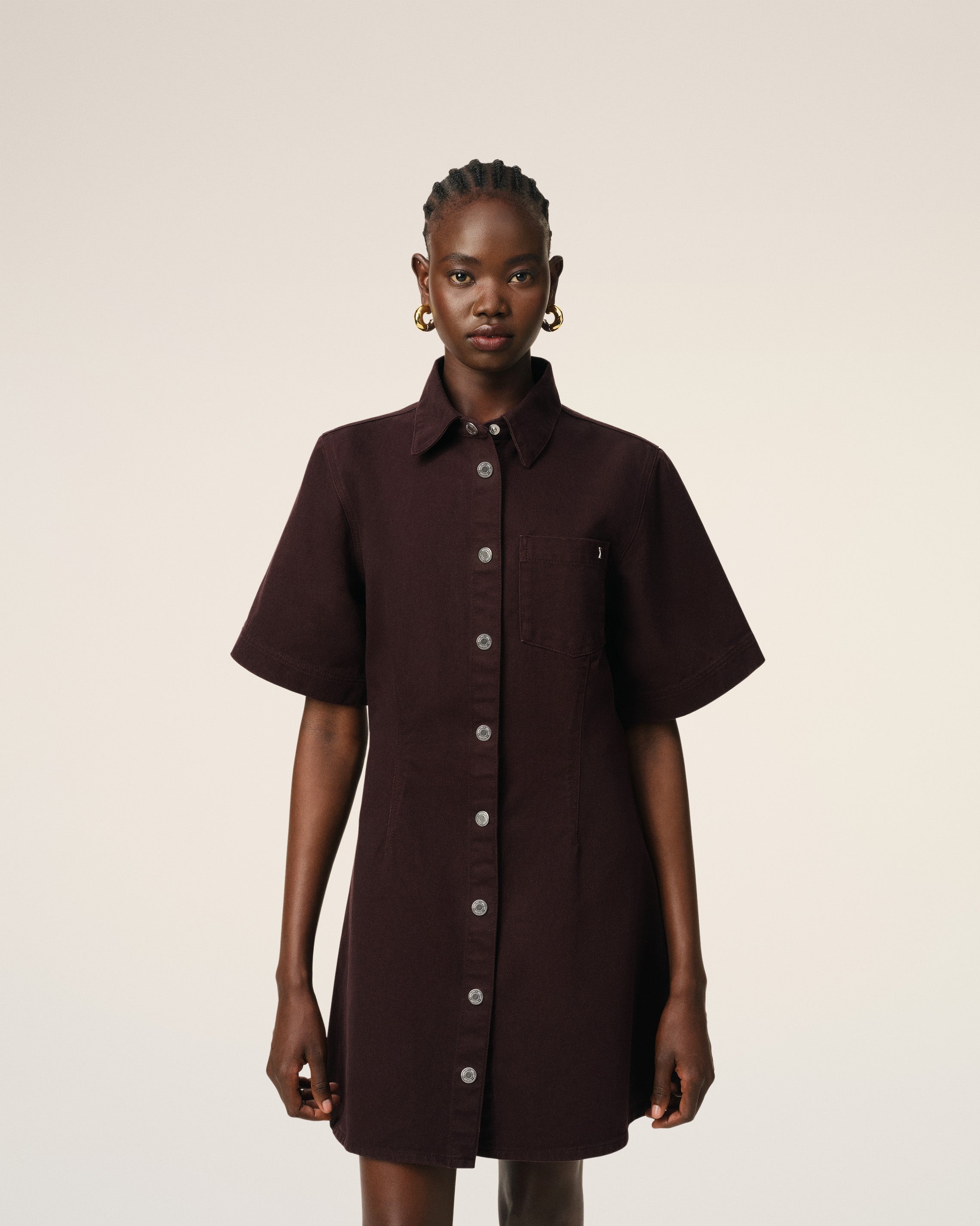BURGUNDY COTTON SHORT SLEEVE SHIRT DRESS - 3