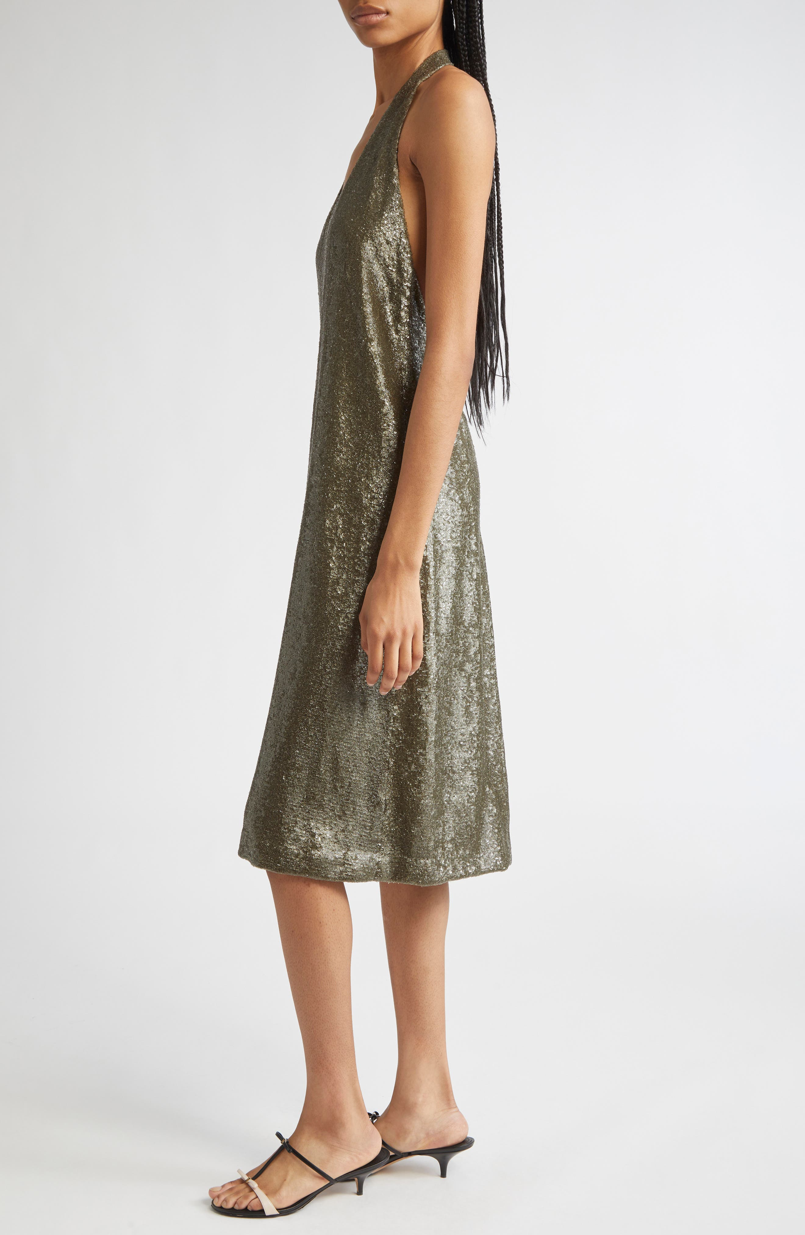 FERRAGAMO Sequin Halter Cocktail Dress in Concrete at Nordstrom - 3