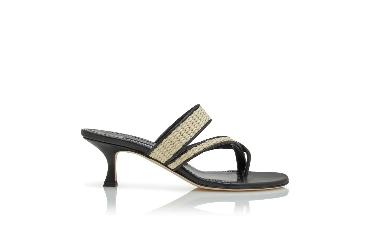 Black and Beige Raffia Sandals - 1