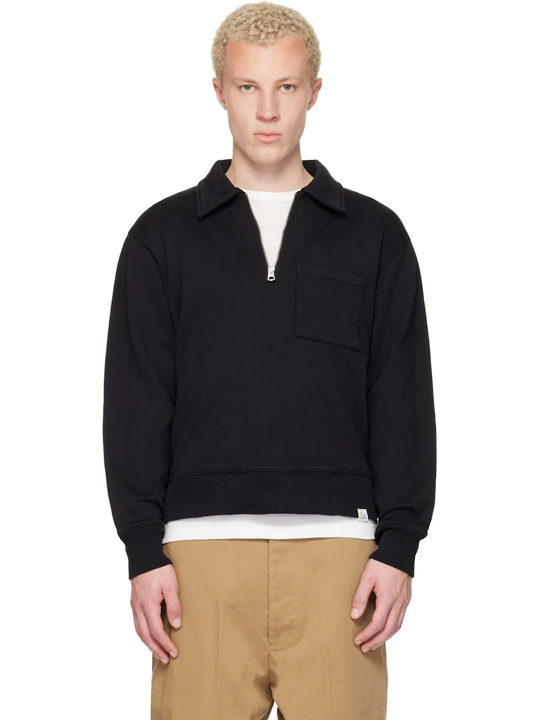 Black Authentic Fleece Polo Collared Half-Zip Cotton Sweatshirt - 1